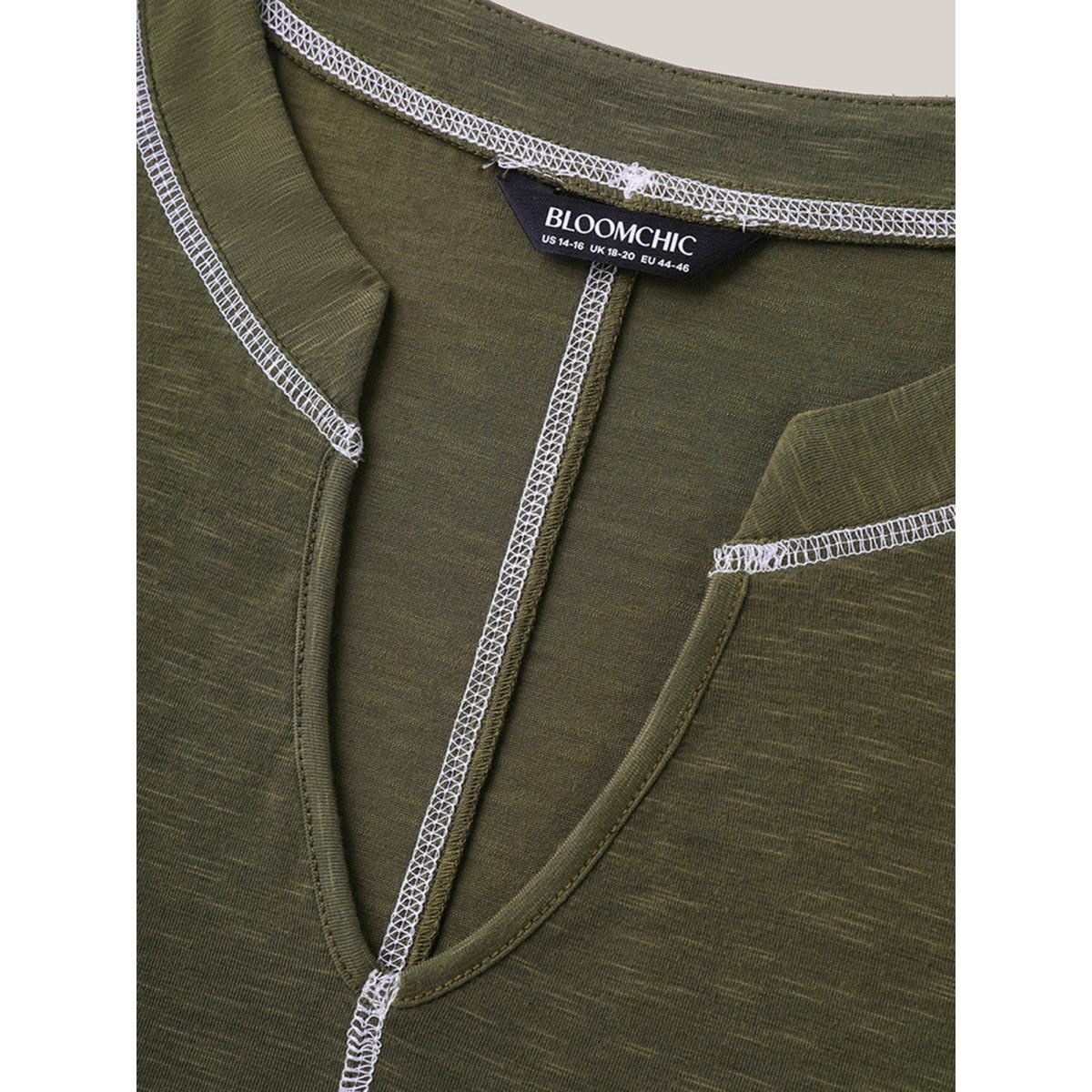 Plus Size Color Contrast Trim Notched Collar T-Shirt ArmyGreen Women Topstitching Notched collar Everyday-Casual T-shirts BloomChic 22-24/3X Product Image