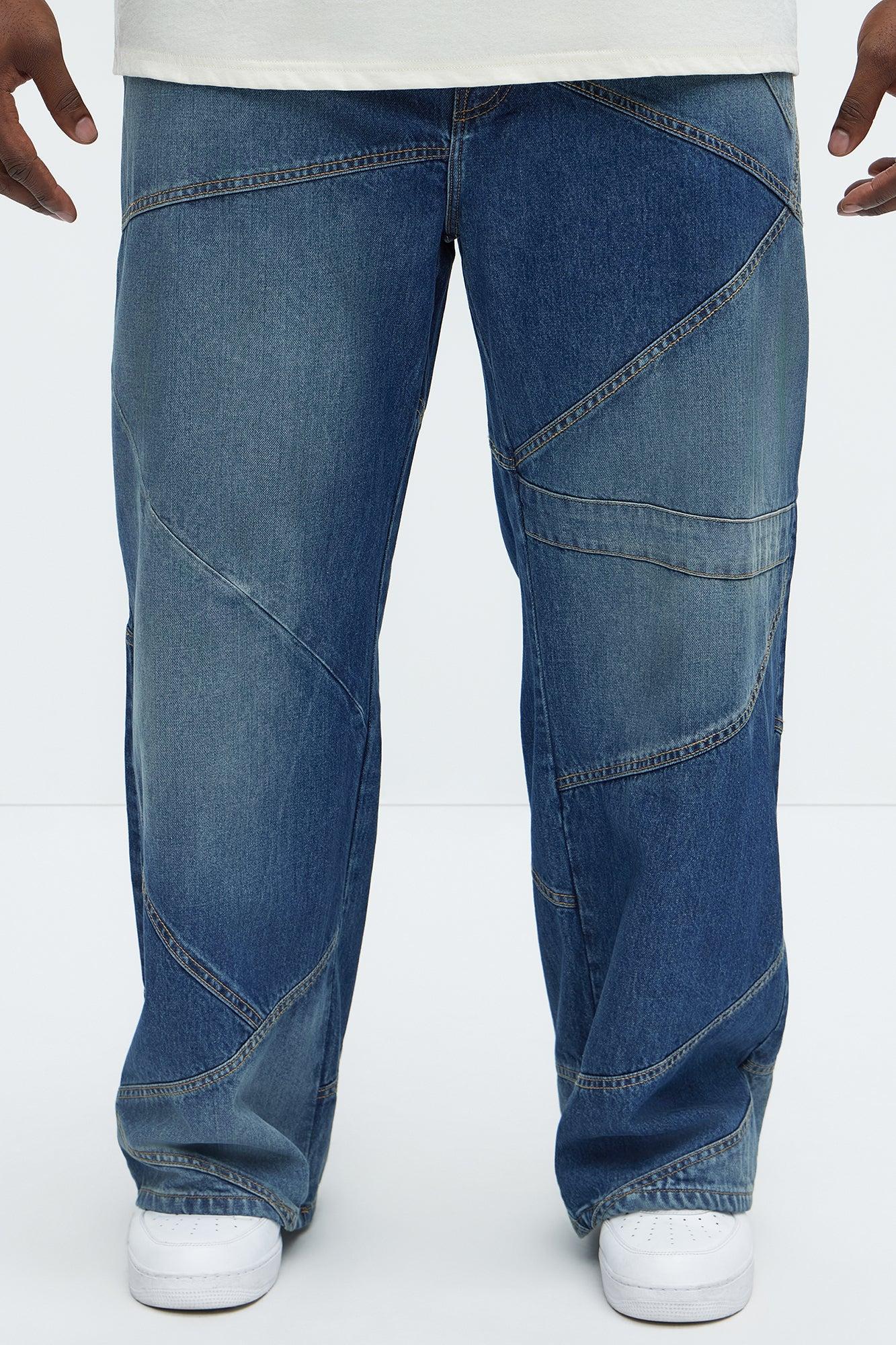 Tonal Patchwork Baggy Jeans - Medium Wash Product Image