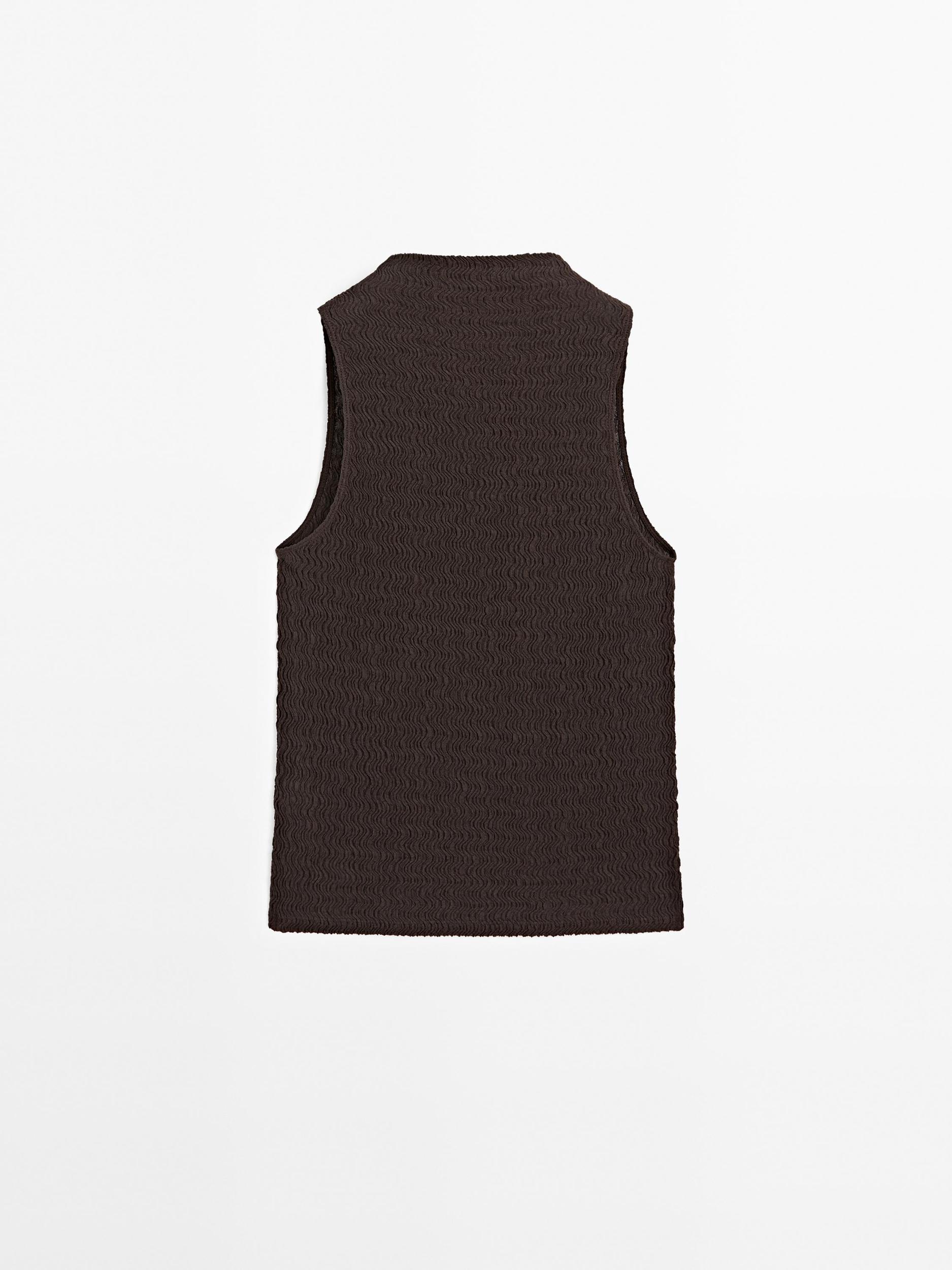 Chocolate linear waffle-knit funnel neck top Product Image