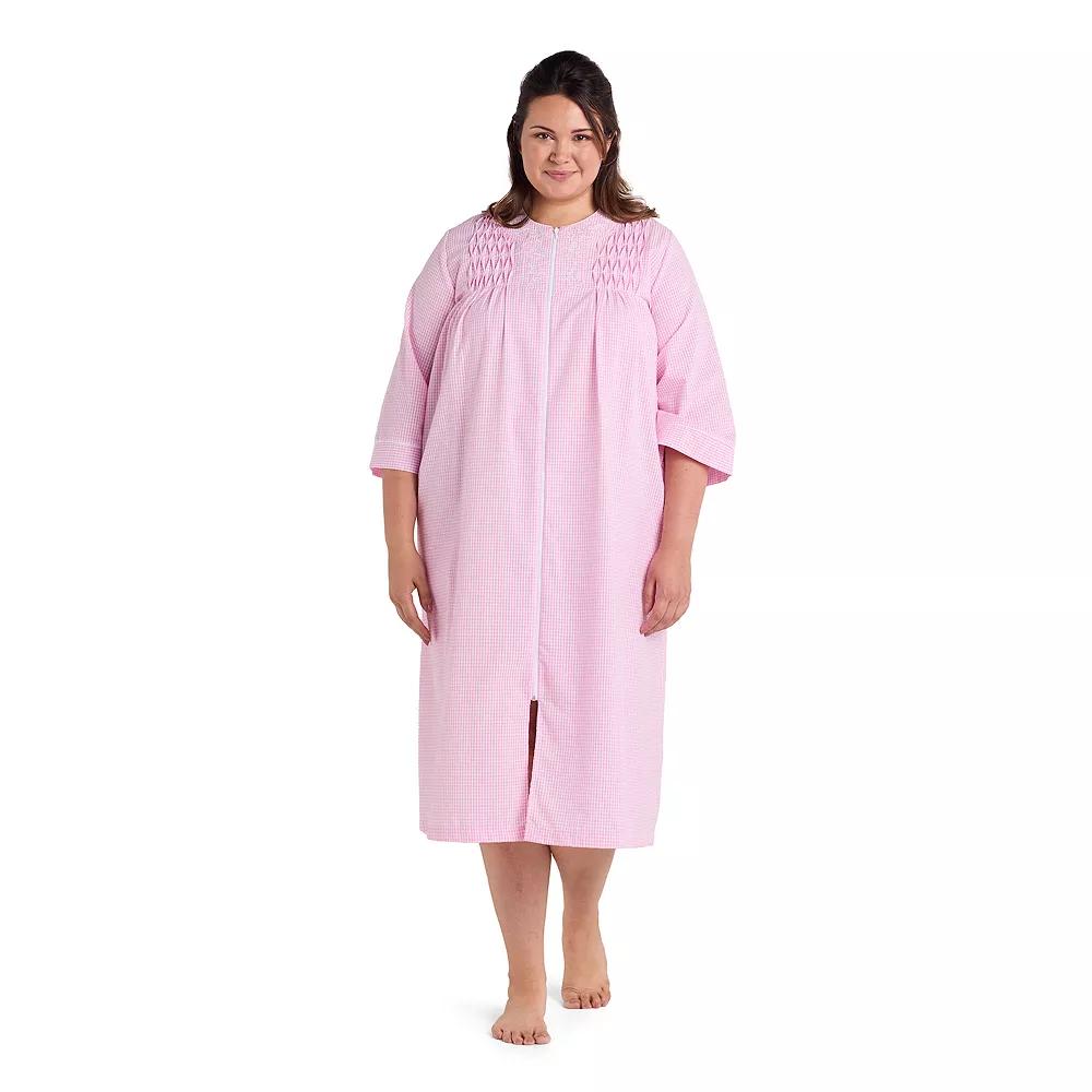 Plus Size Miss Elaine Essentials Seersucker Long Zip Robe, Women's, Size: 1XL, Pink White Check Product Image