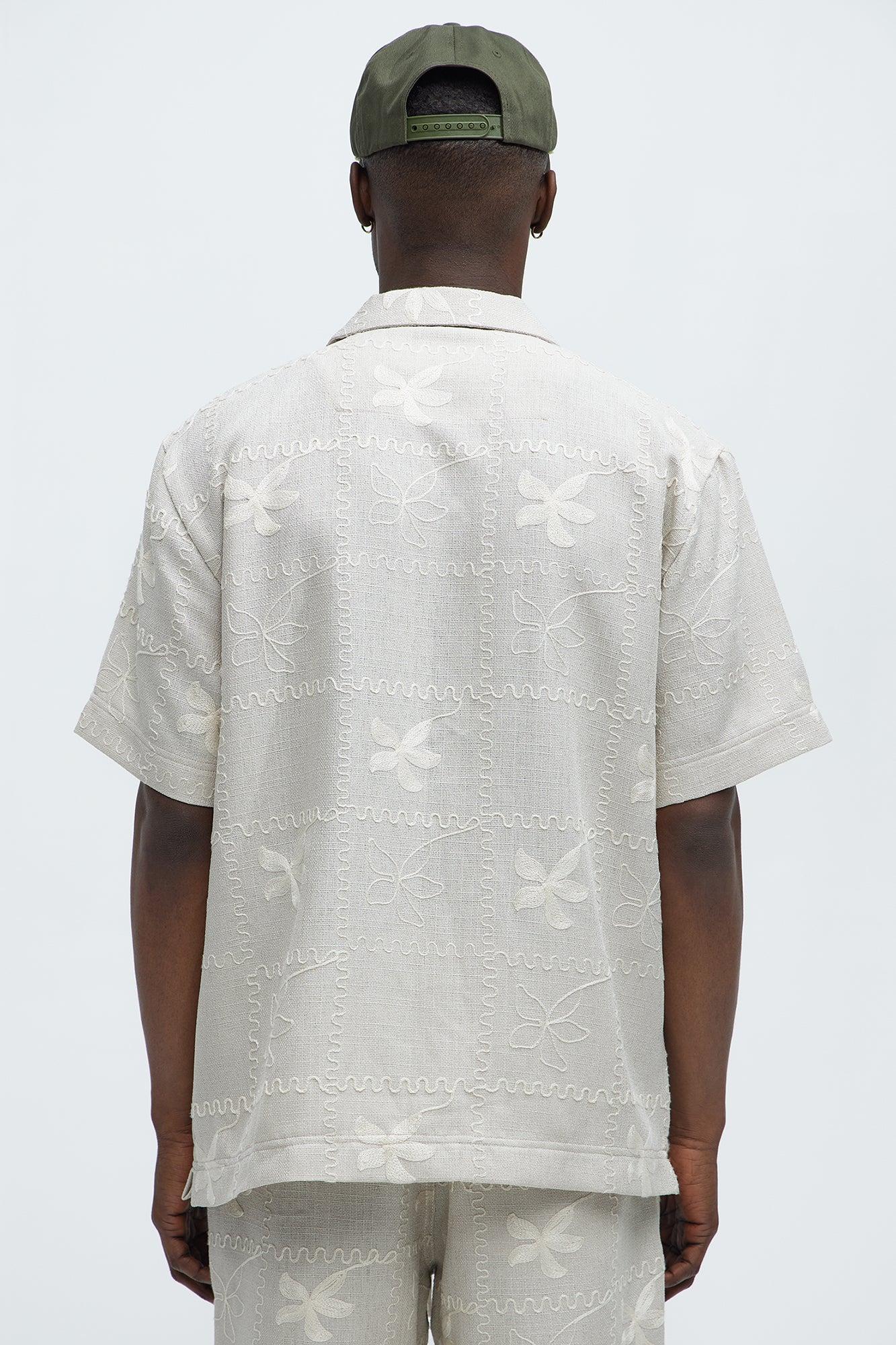 Embroidered Flowers Cuban Collar Button Up Shirt - Stone/Combo Product Image