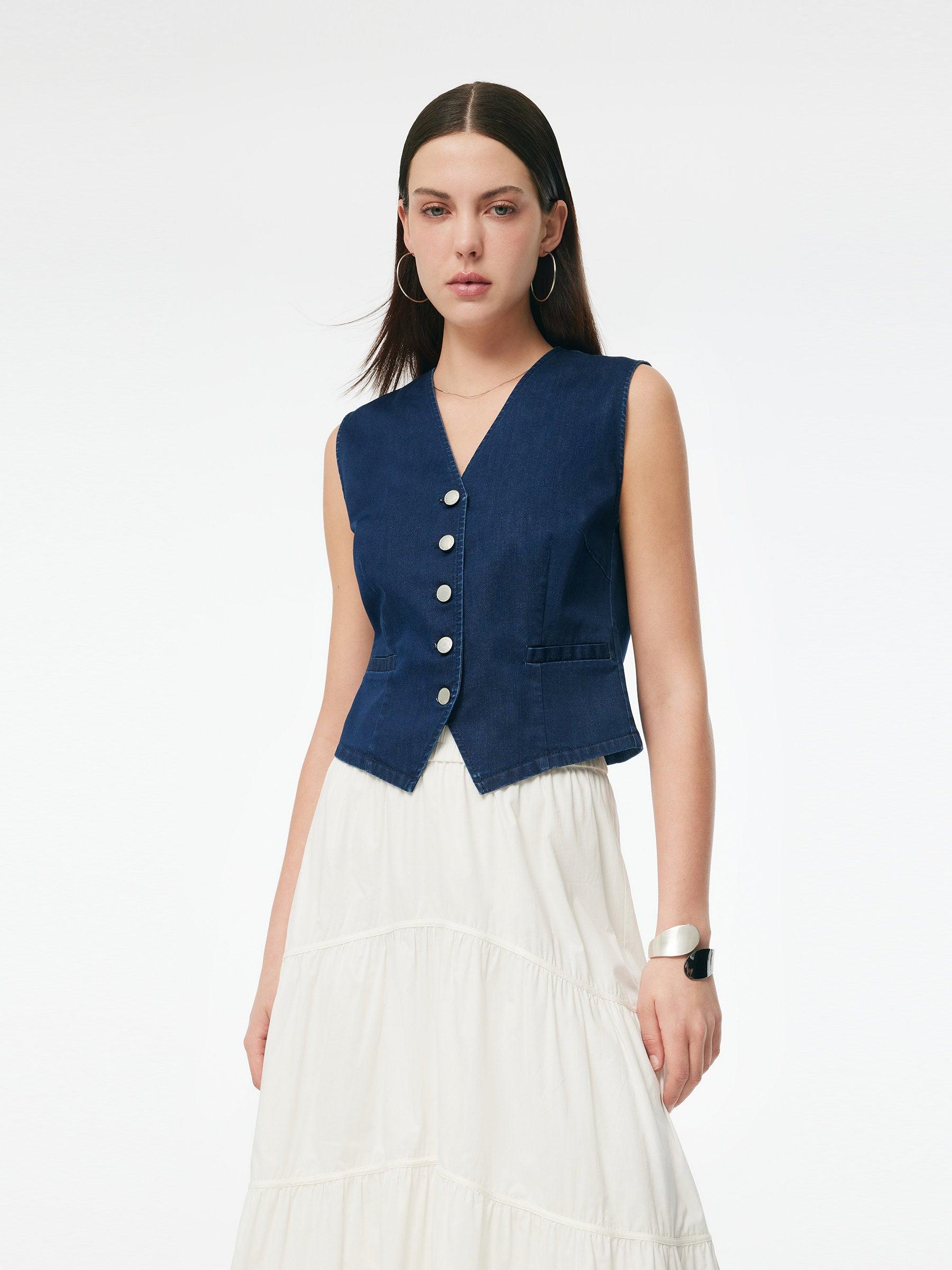 Denim Single-Breasted Women Stretchy Vest Product Image