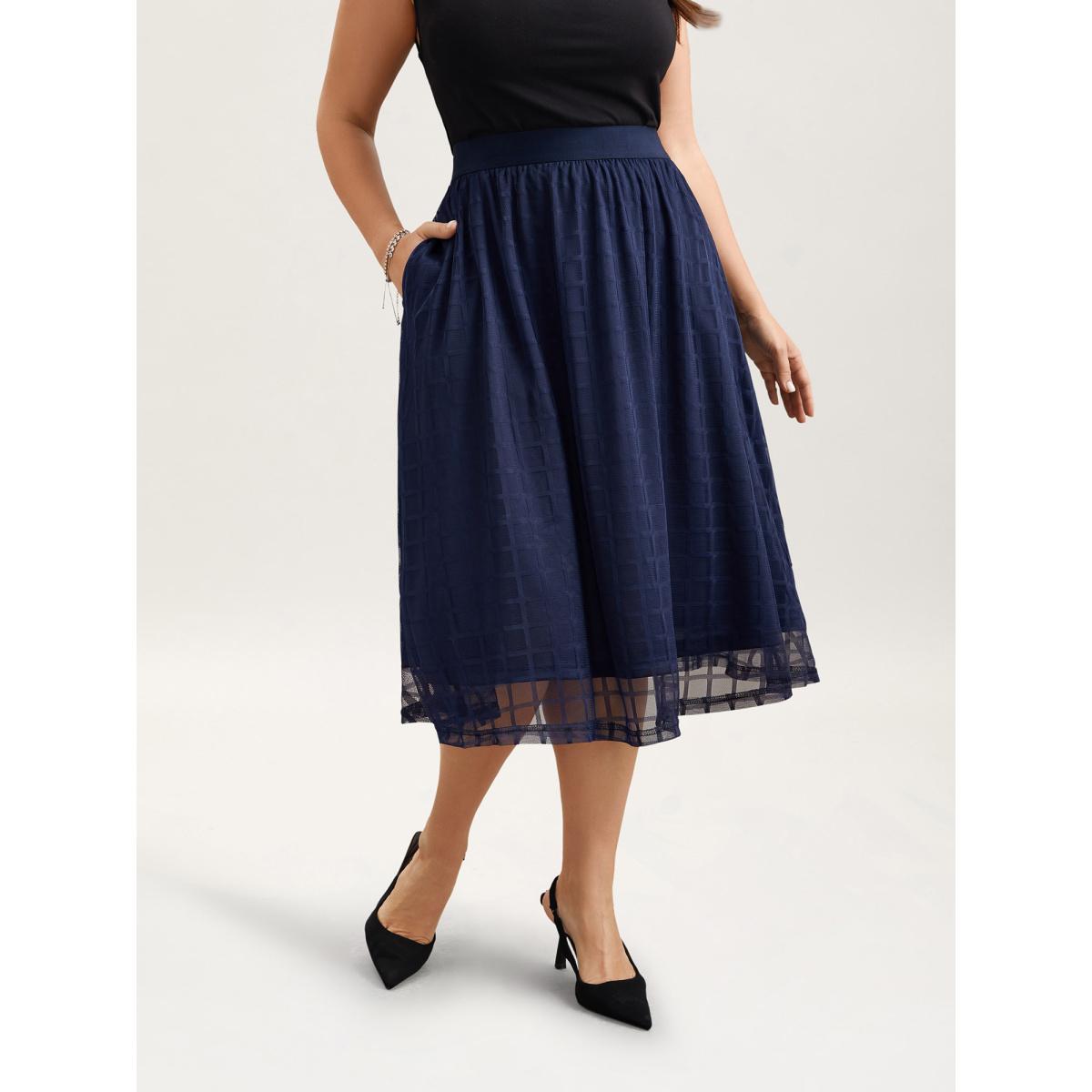 Plus Size Plaid Pattern Pleated Line Midi Skirt Women Indigo Elegant Tiered No stretch Everyday Skirts BloomChic 18-20/2X Product Image