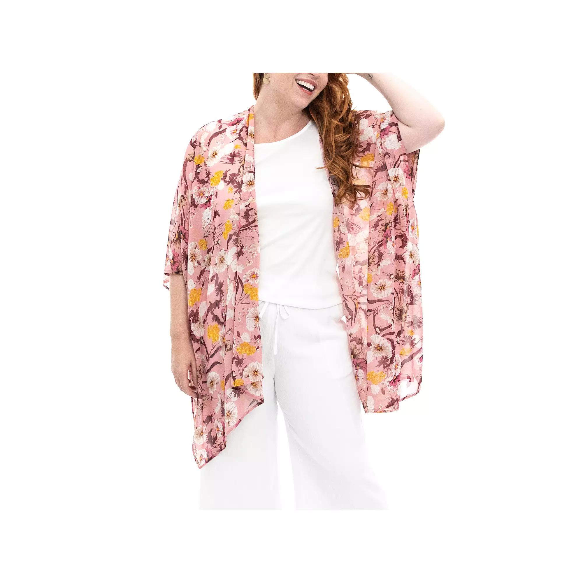 Women's Nina Leonard Floral Open-Front Kimono, Pink Team Product Image