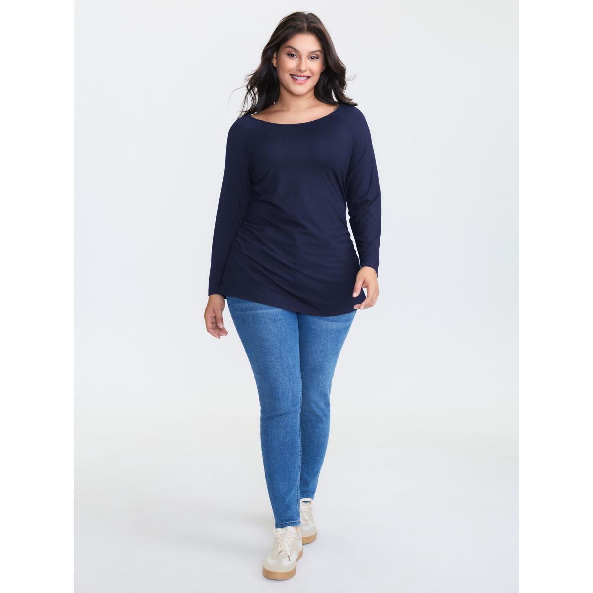 Plus Size Supersoft Boat Neck T-Shirt Indigo Women Leisure Boat Neck Bodycon Casual T-shirts BloomChic 22-24/3X Product Image