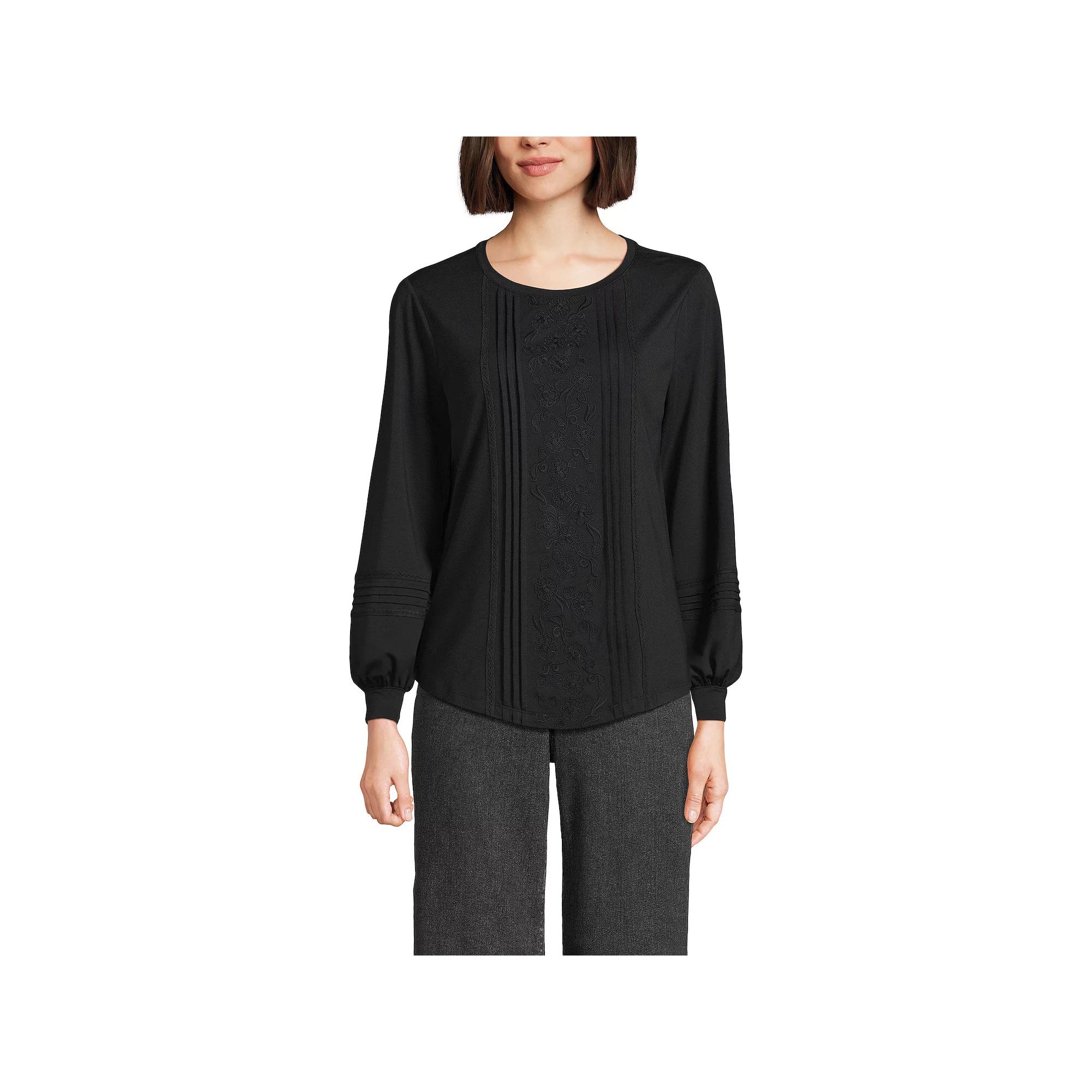 Women's Lands' End Long Sleeve Lightweight Jersey Pintuck Embroidery Top, Size: Small, Black Product Image