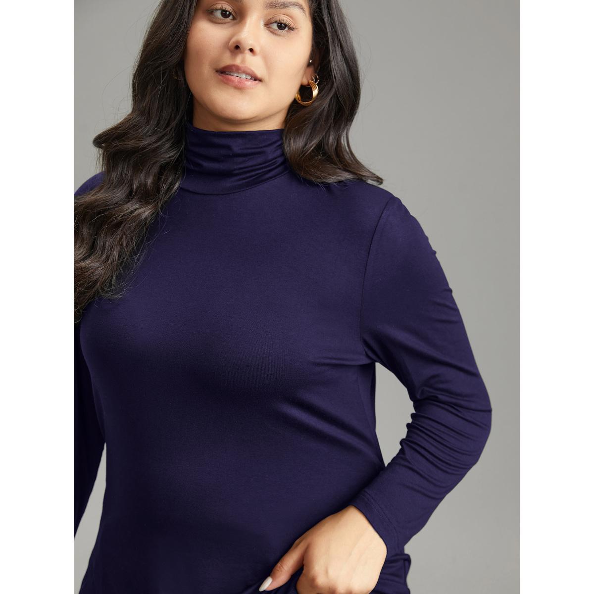 Plus Size Supersoft Essentials Solid Funnel Neck Knit T-shirt Indigo Women Elegant Plain Plain Ruffled collar Bodycon Dailywear T-shirts BloomChic 28/5X Product Image