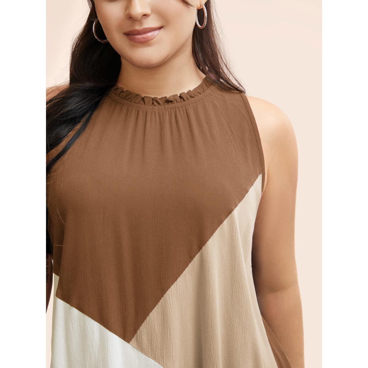 Plus Size Colorblock Contrast Frill Trim Gathered Tank Top Women Ivory Casual Contrast Mock Neck Everyday Tank Tops Camis BloomChic 30/6X Product Image