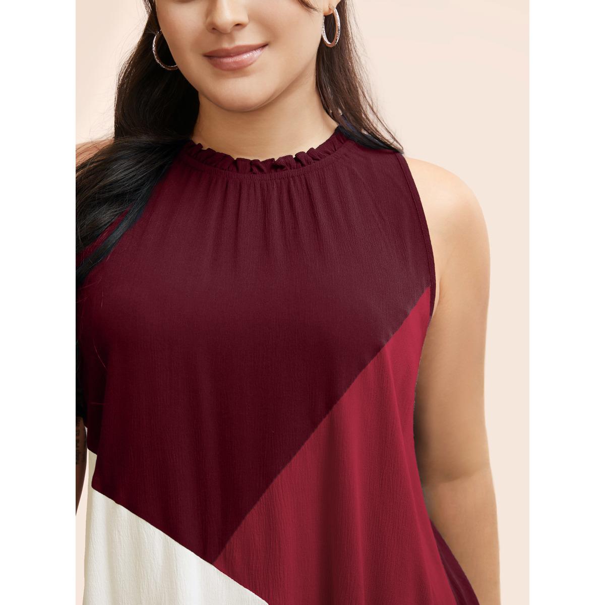 Plus Size Colorblock Contrast Frill Trim Gathered Tank Top Women Burgundy Casual Contrast Mock Neck Everyday Tank Tops Camis BloomChic 14-16/1X Product Image