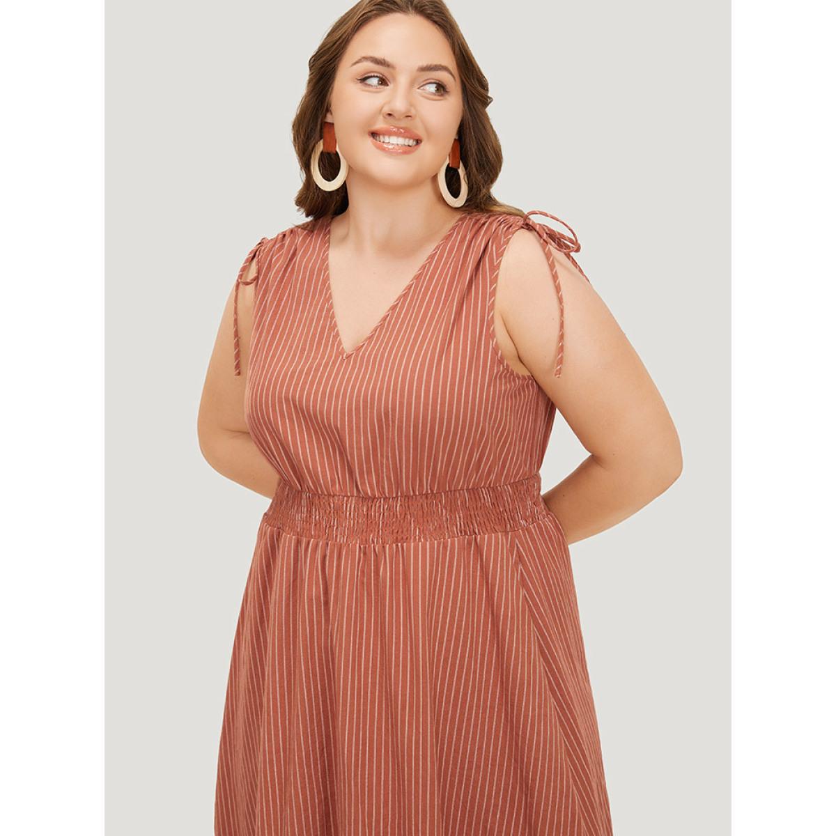 Plus Size Striped Print Pocket Shirred Drawstring Shoulder Dress Rust Women Vacation Contrast V-neck Sleeveless Curvy Midi Dress BloomChic 12/L Product Image