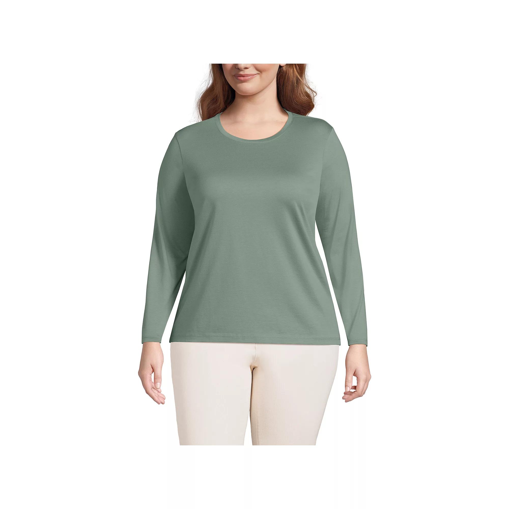 Plus Size Lands' End Long Sleeve Relaxed Supima Cotton Crewneck Tee, Women's, Size: 1XL, Ivory Black Stripe Product Image