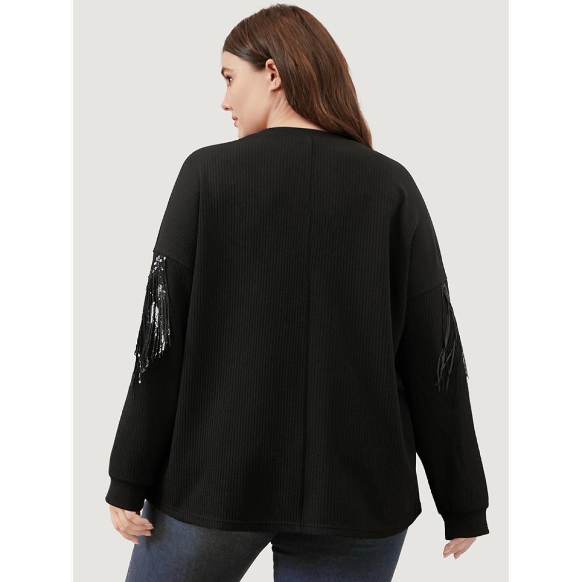 Plus Size Solid Fringe Trim Sequin Drop Shoulder Sweatshirt Women Black Party Patchwork Round Neck Going out Sweatshirts BloomChic 14-16/1X Product Image