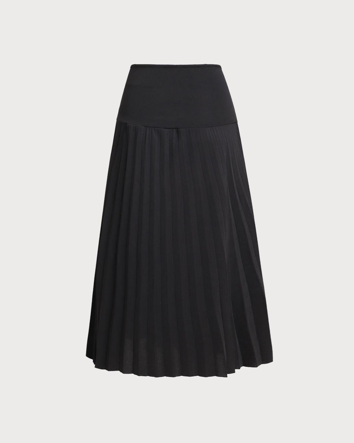 Black Elastic Waist Pleated Midi Skirt Product Image