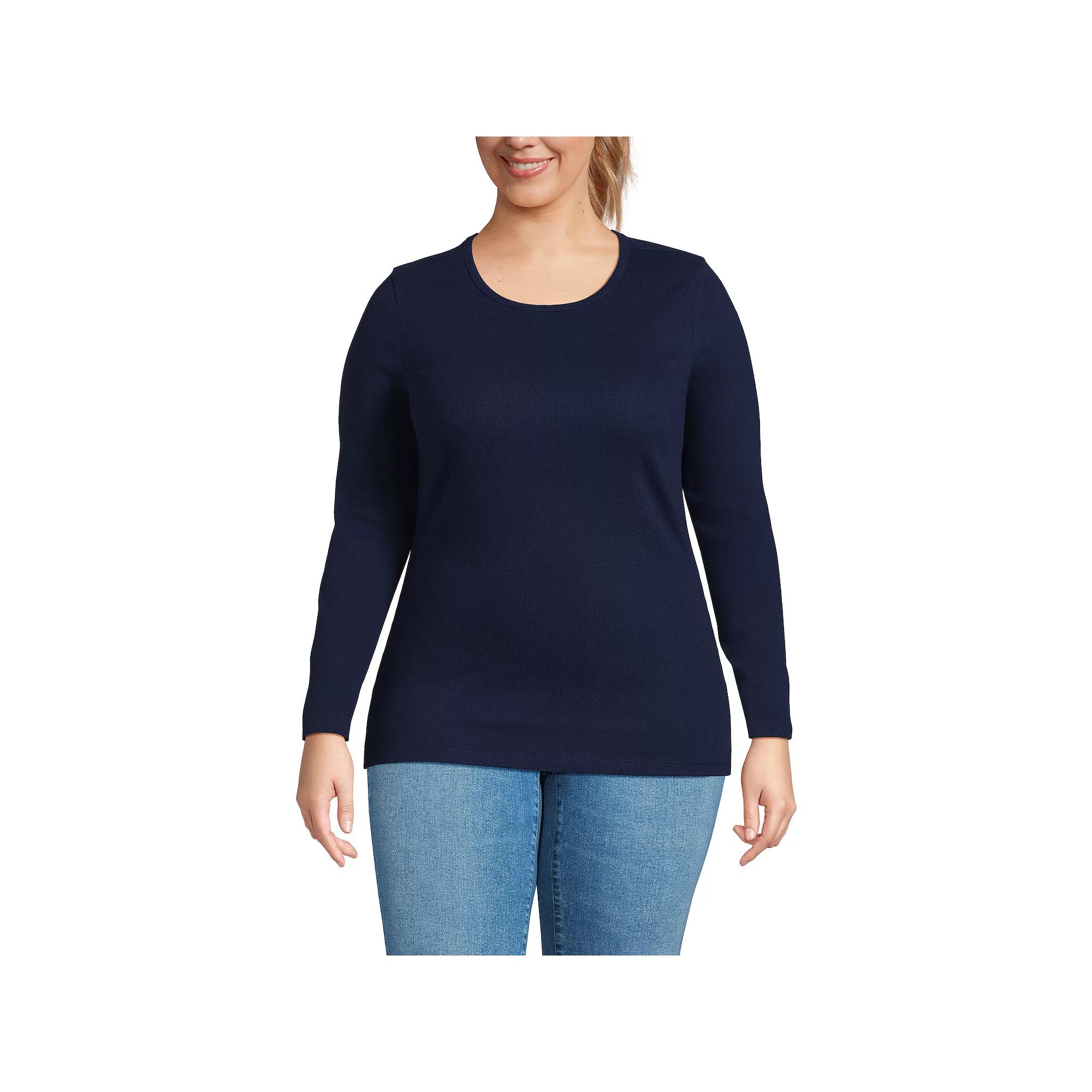Plus Size Lands' End Long Sleeve Micro Rib Crewneck Top, Women's, Size: 2XL, White Product Image