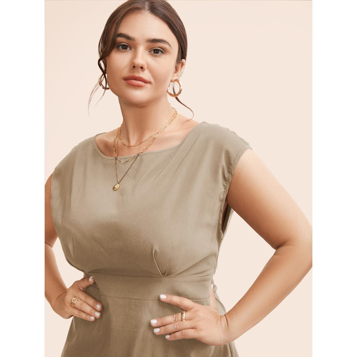 Plus Size Stretch Woven Cowl Neckline Midi Dress LightBrown Women Workwear Essentials Pleated Boat Neck Cap Sleeve Curvy BloomChic 18-20/2X Product Image