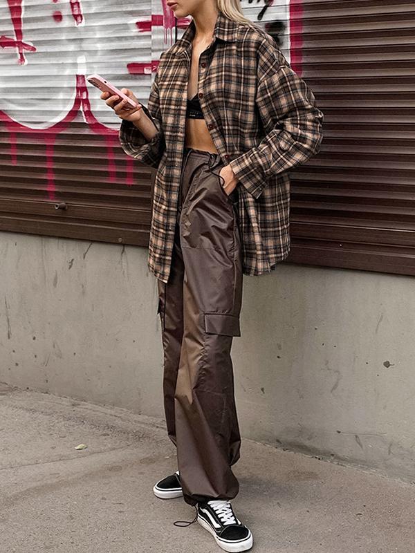 Vintage Plaid Print Long Sleeve Blouse Product Image