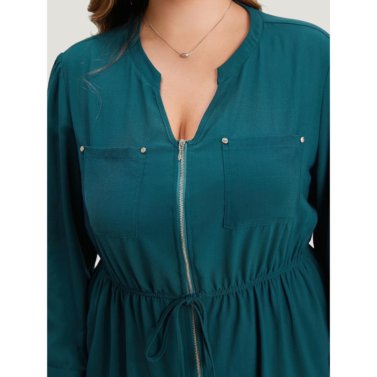 Plus Size Aegean Notched Zipper Gathered Drawstring Jumpsuit Women Office Long Sleeve Notched collar Office Loose Jumpsuits BloomChic 12/L Product Image