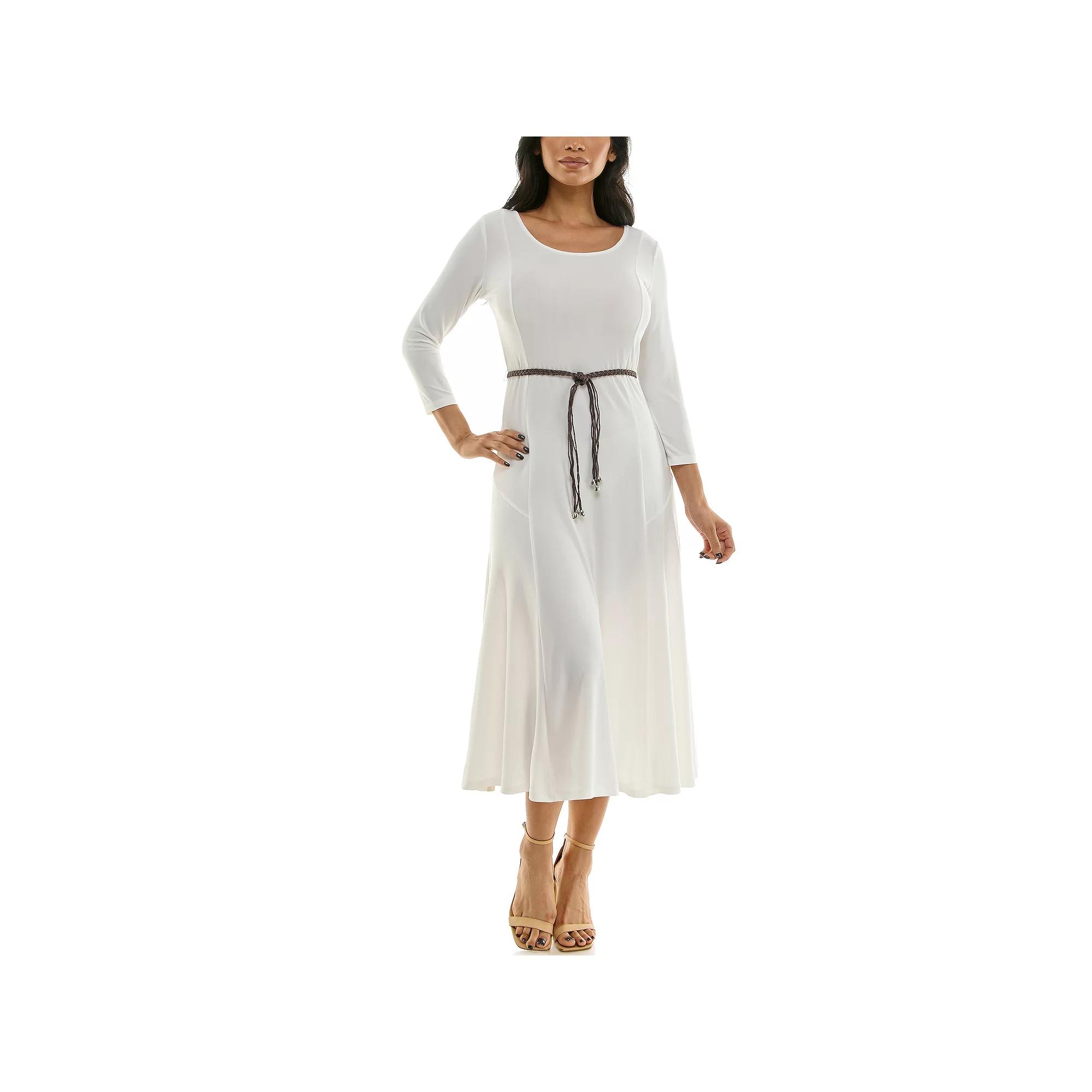Women's Nina Leonard Sylvia Three-Quarter Sleeve Belted Midi Dress,  Product Image