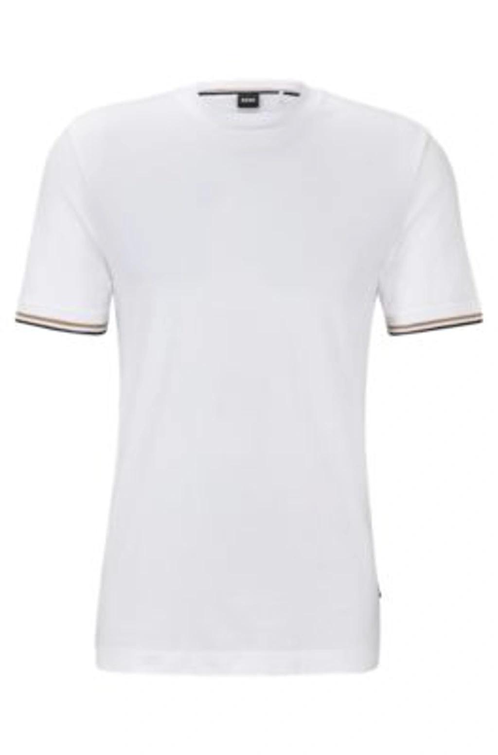 HUGO BOSS Mens White Striped-trim Regular-fit Cotton-jersey T-shirt Xxl Product Image