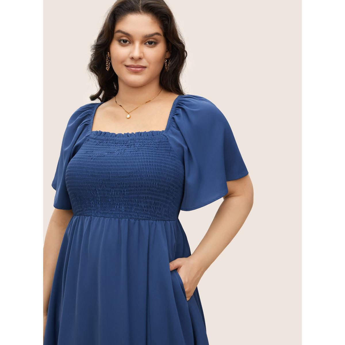 Plus Size Square Neck Shirred Lace Trim Slit Hem Dress DarkBlue Women Elegant Woven ribbon&lace trim Square Neck Short sleeve Curvy BloomChic 26/4X Product Image