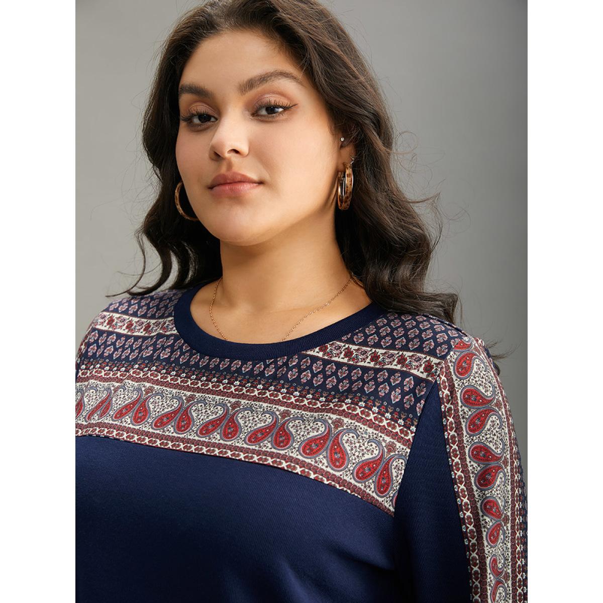 Plus Size Paisley Contrast Patchwork Rib Knit Sweatshirt Women DarkBlue Elegant Contrast Round Neck Dailywear Sweatshirts BloomChic 10/M Product Image