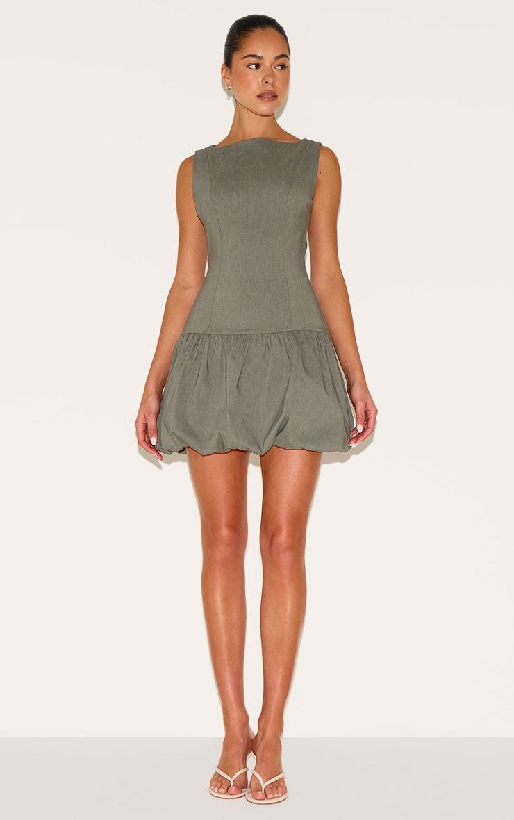 Khaki Stretch Woven Puffball Dress Product Image