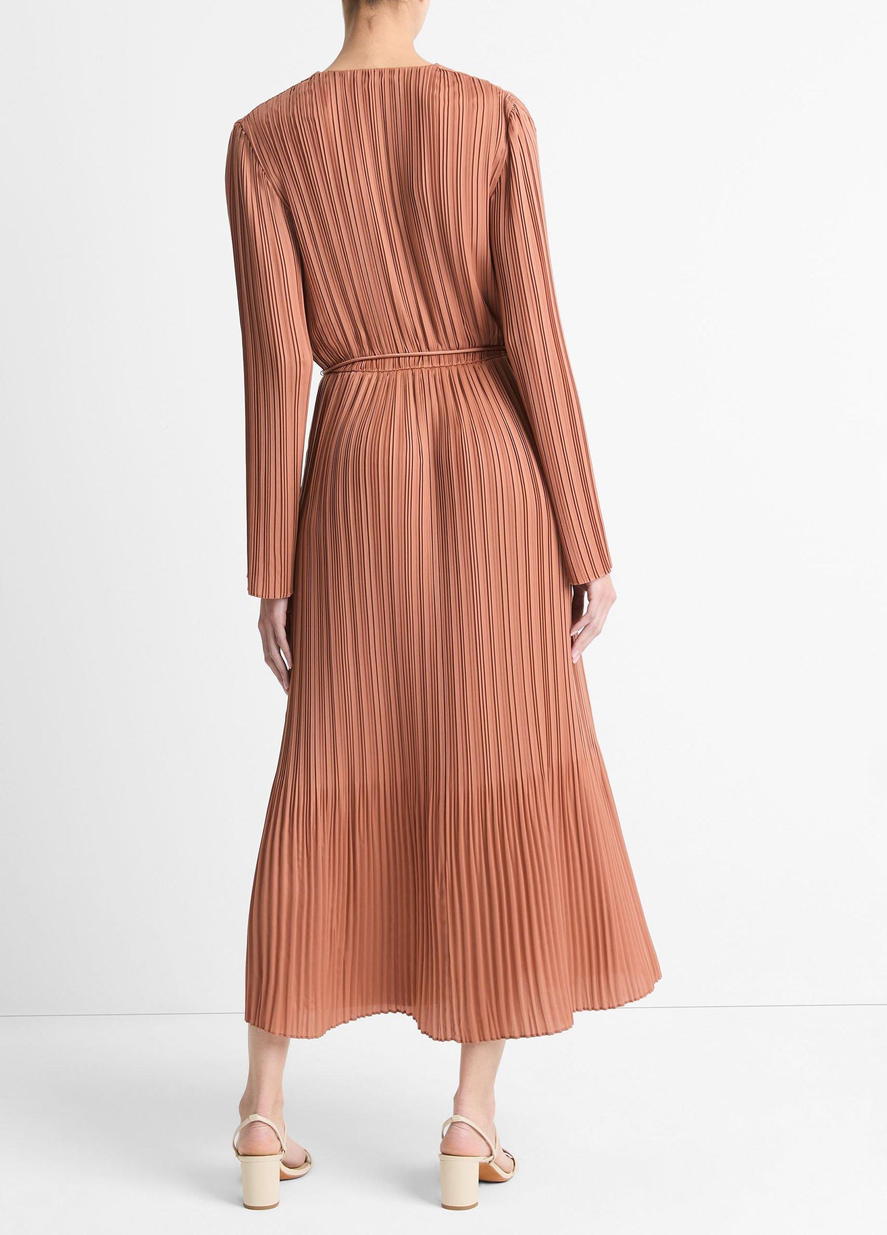 Pleated Satin Long-Sleeve Dress Product Image