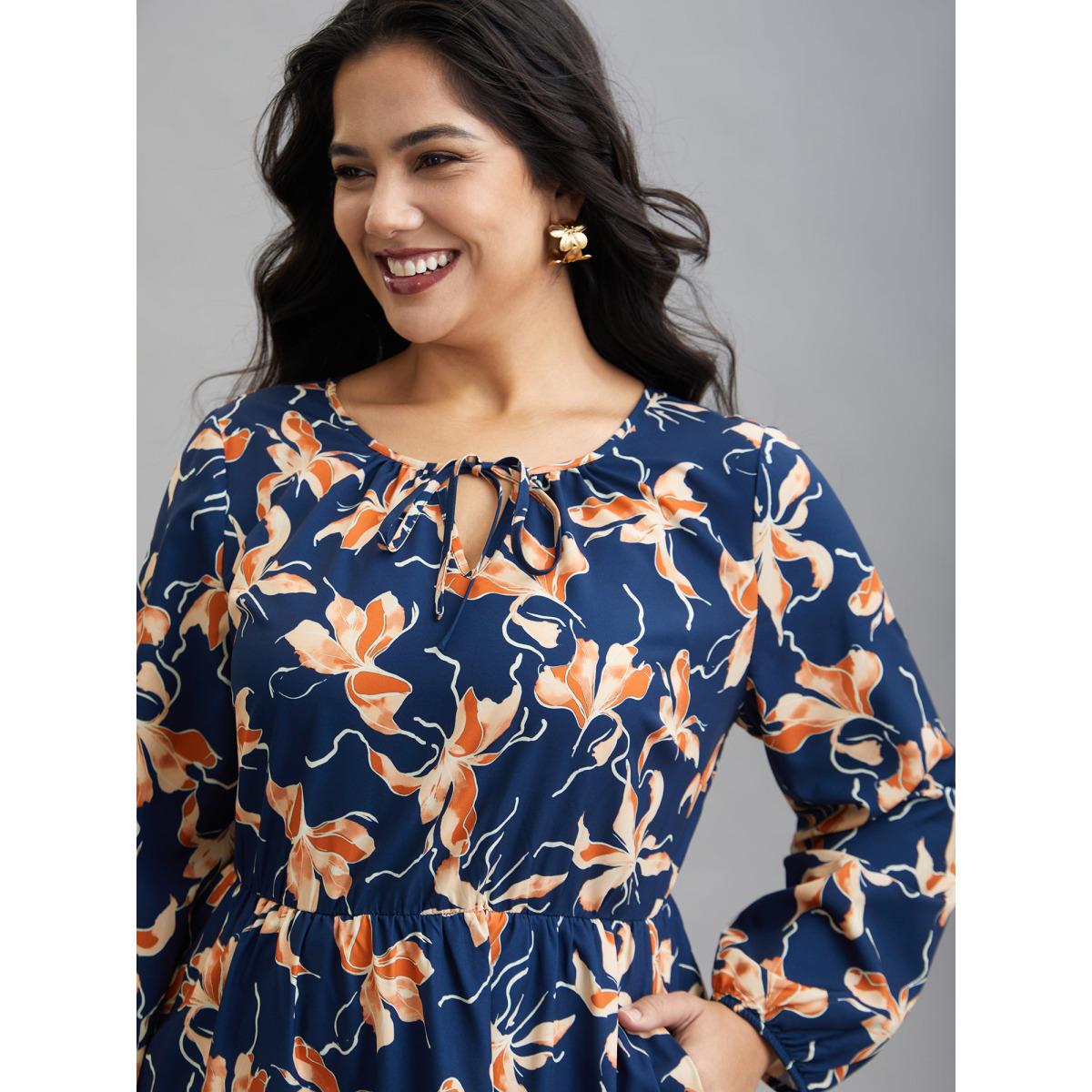 Plus Size Tropical Flower Print Pockets Waist-Tie Midi Dress Navy Women Elegant Tie knot Round Neck Long Sleeve Curvy BloomChic 28/5X Product Image