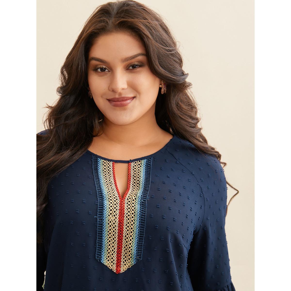 Plus Size Indigo Textured Embroidered Neckline A-Line Blouse Women Casual Three Quarter Length Sleeve V-neck Everyday Blouses BloomChic 28/5X Product Image