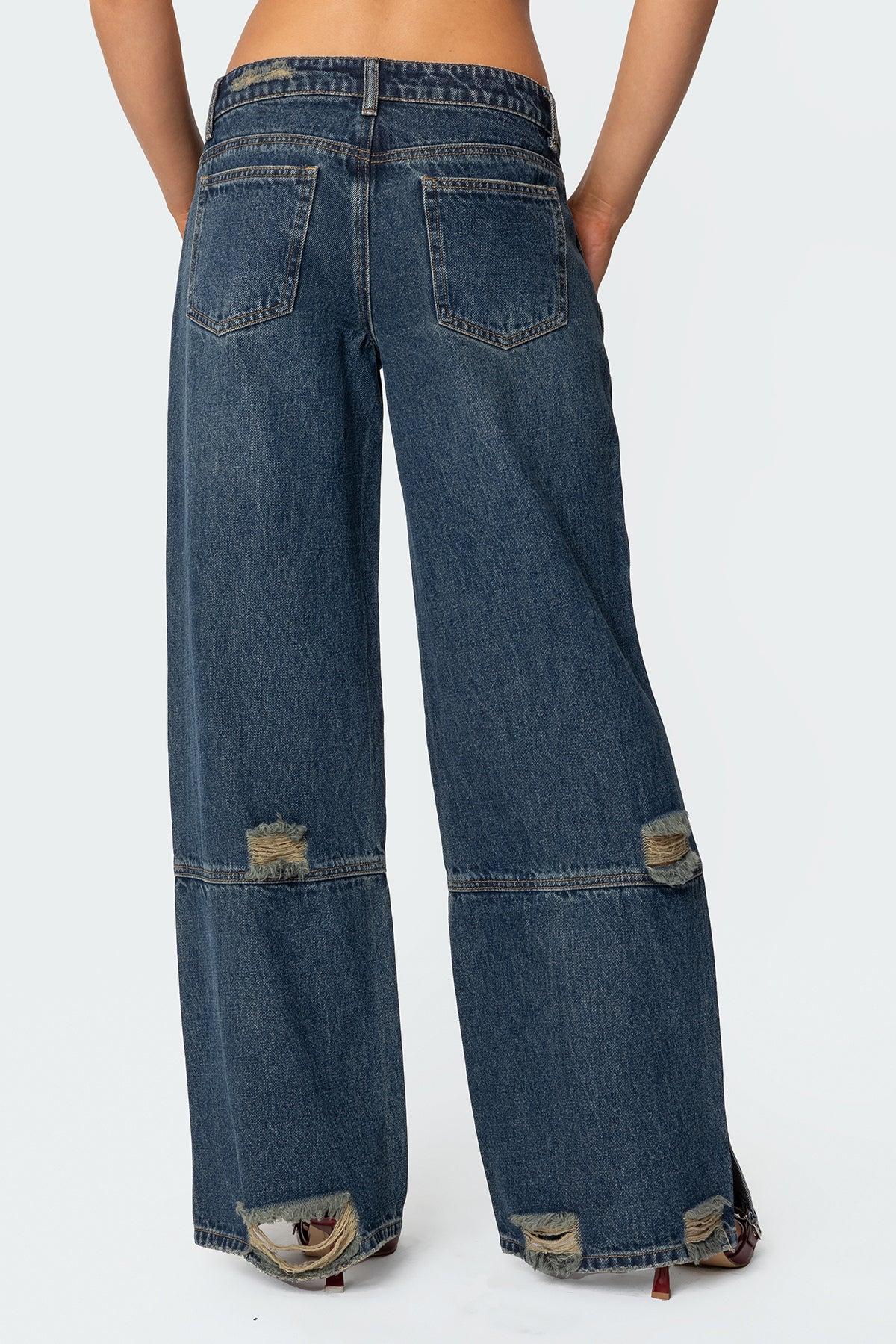 Slitted Distressed Low Rise Baggy Jeans Product Image