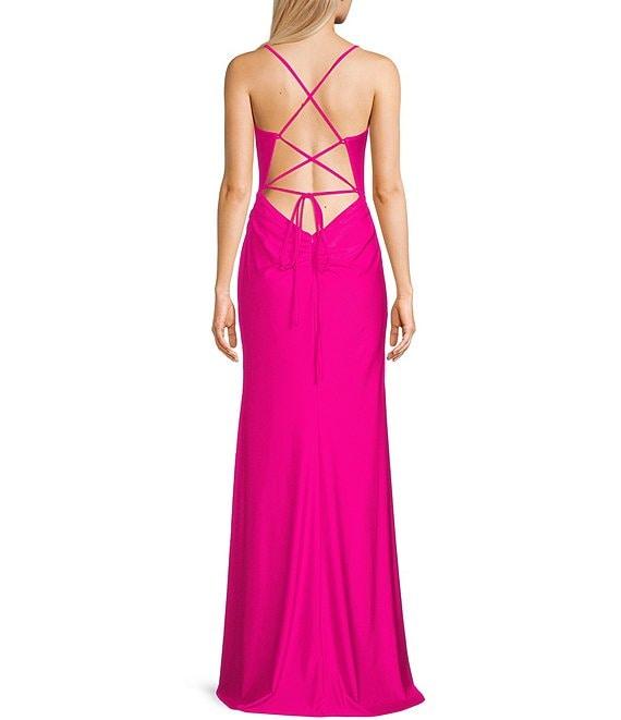 GB Social Jersey Ruched Lace-Up Back Long Dress Product Image