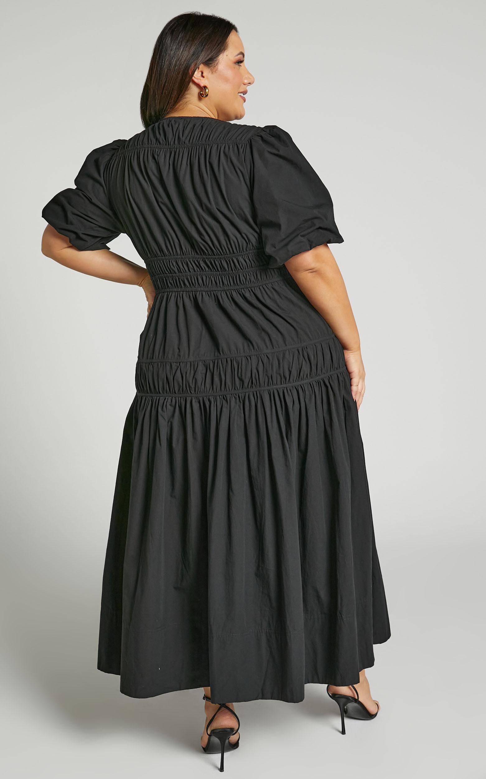 Mellie Midi Dress - Puff Sleeve Plunge Tiered Dress in Black Product Image