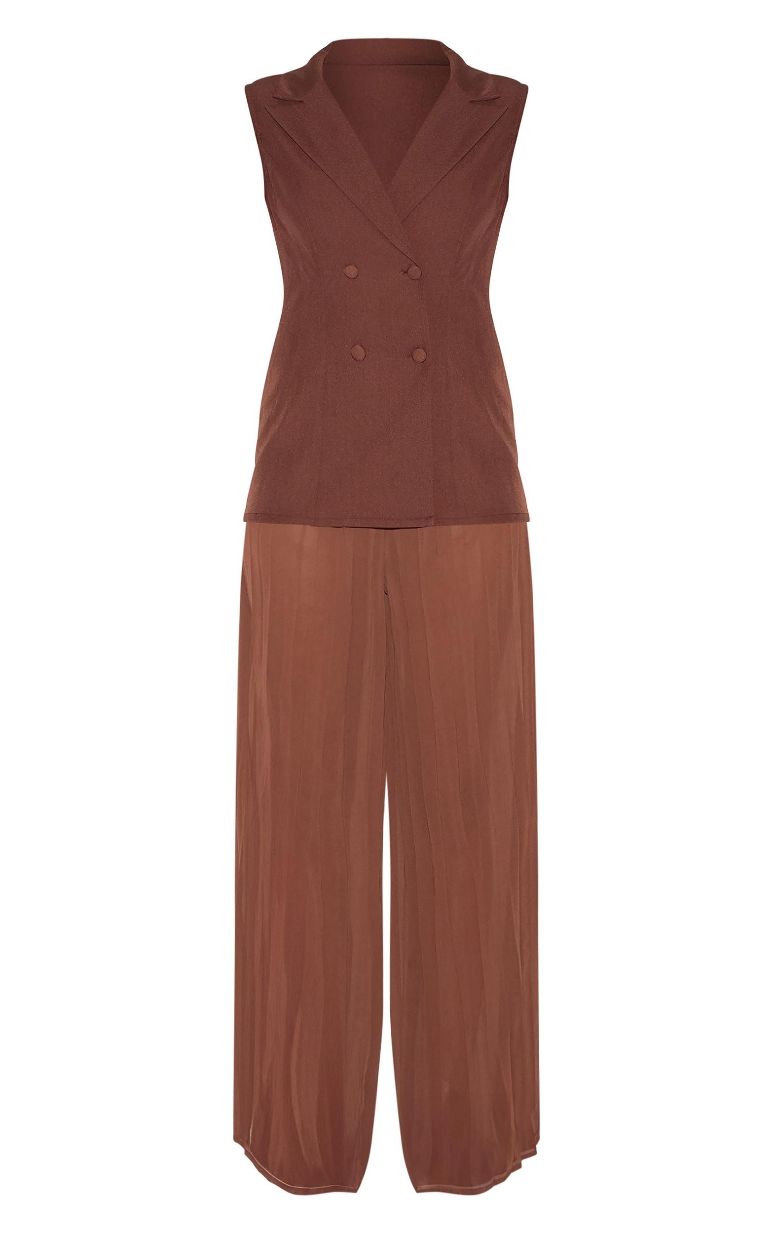Deep Chocolate Woven Vest Overlay Chiffon Jumpsuit Product Image