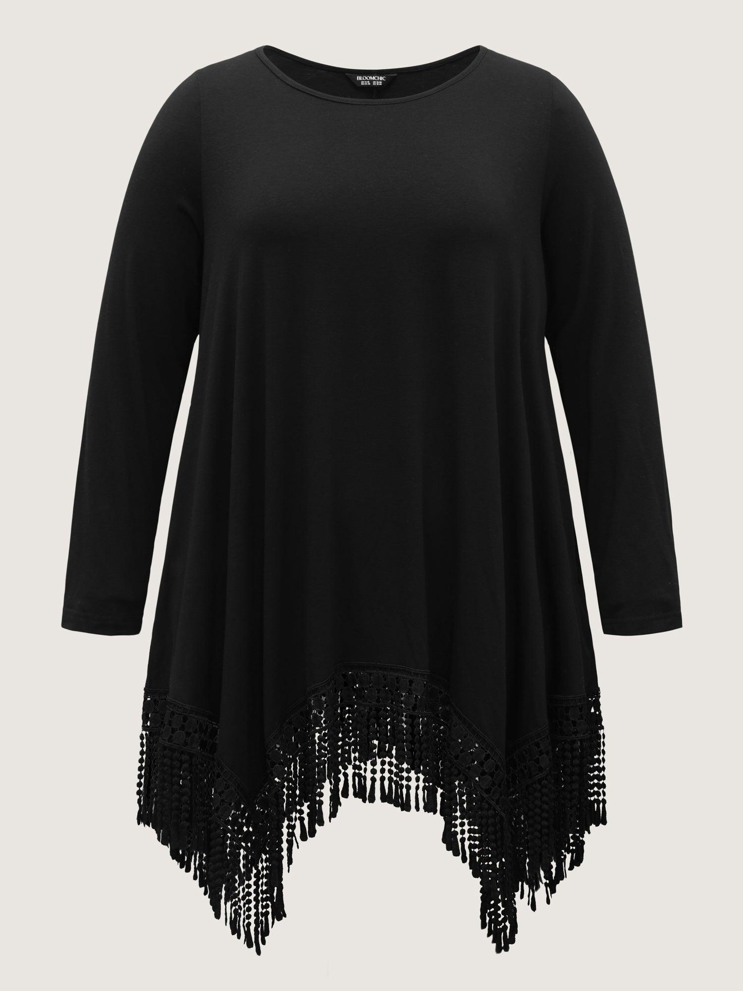 Solid Tassels Trim Pocket Asymmetrical Hem T-shirt Female Product Image