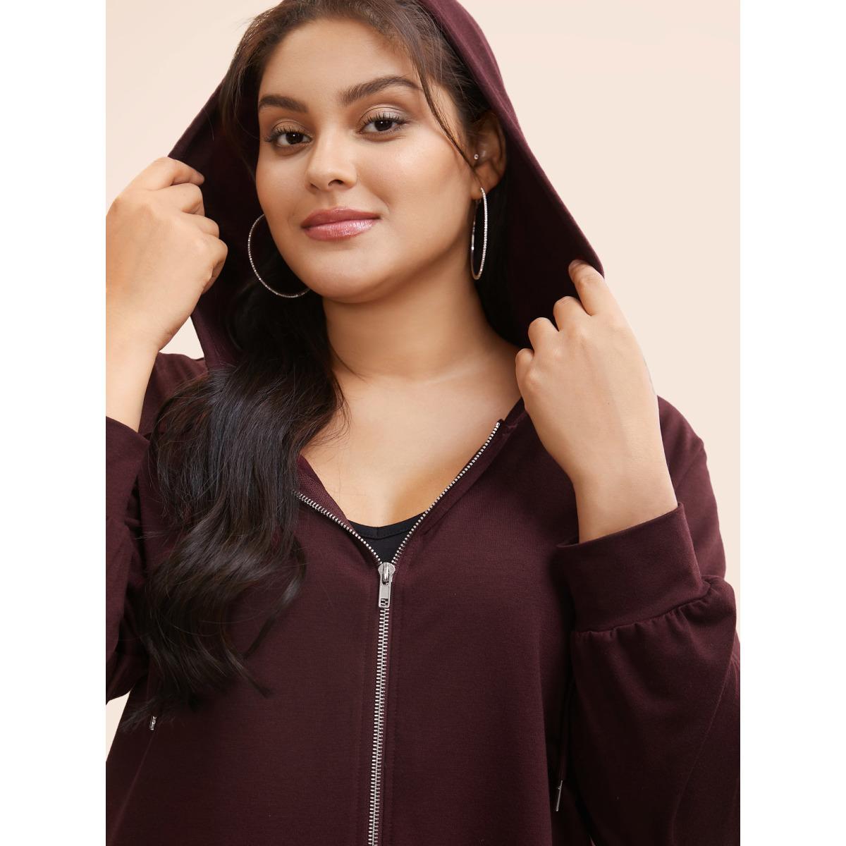 Plus Size Plain Zipper Hooded Drawstring Pocket Sweatshirt Women Burgundy Casual Plain Hooded Dailywear Sweatshirts BloomChic 22-24/3X Product Image