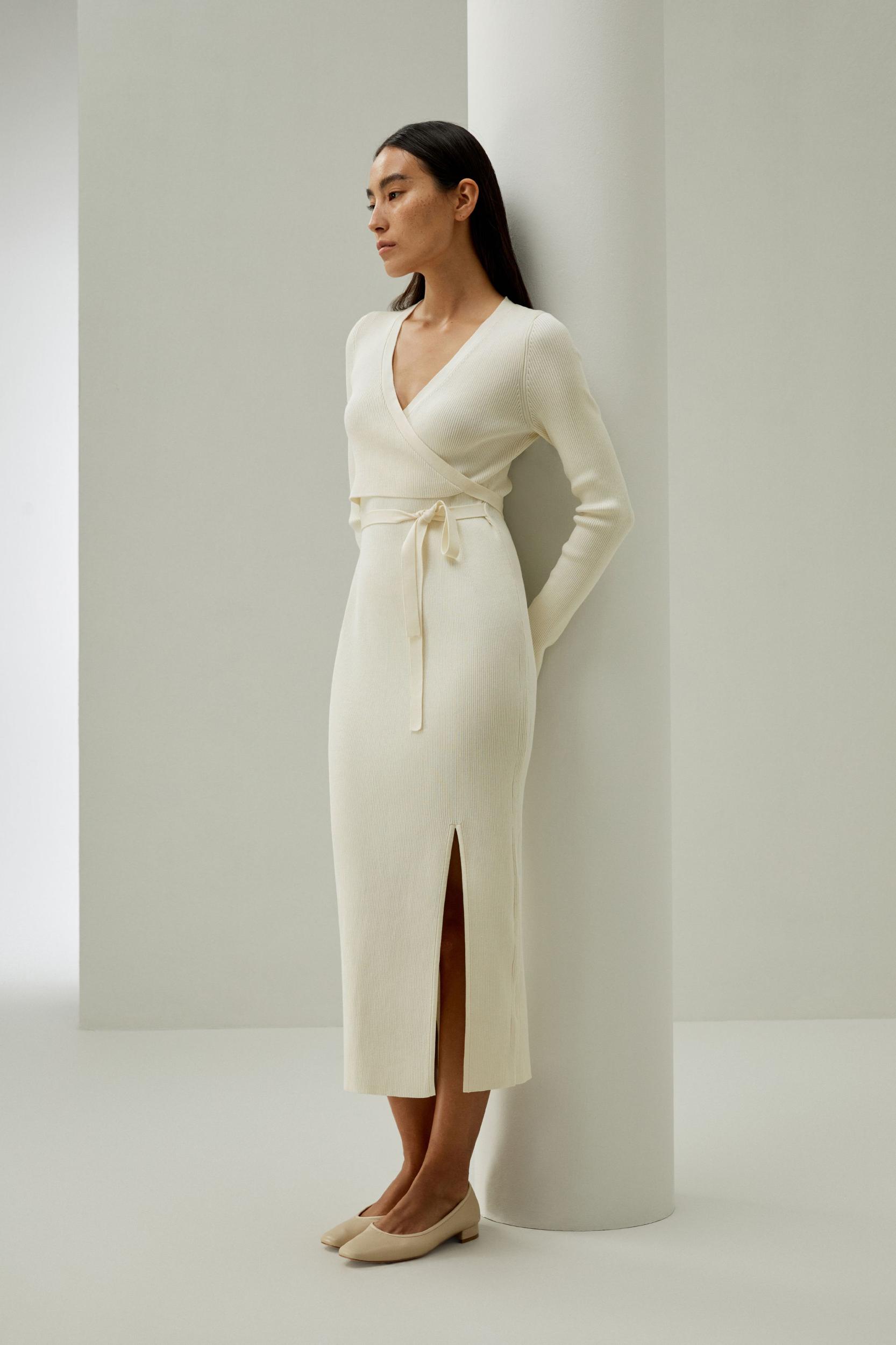 Elegant Wrap-Front Silk Knit Dress Product Image