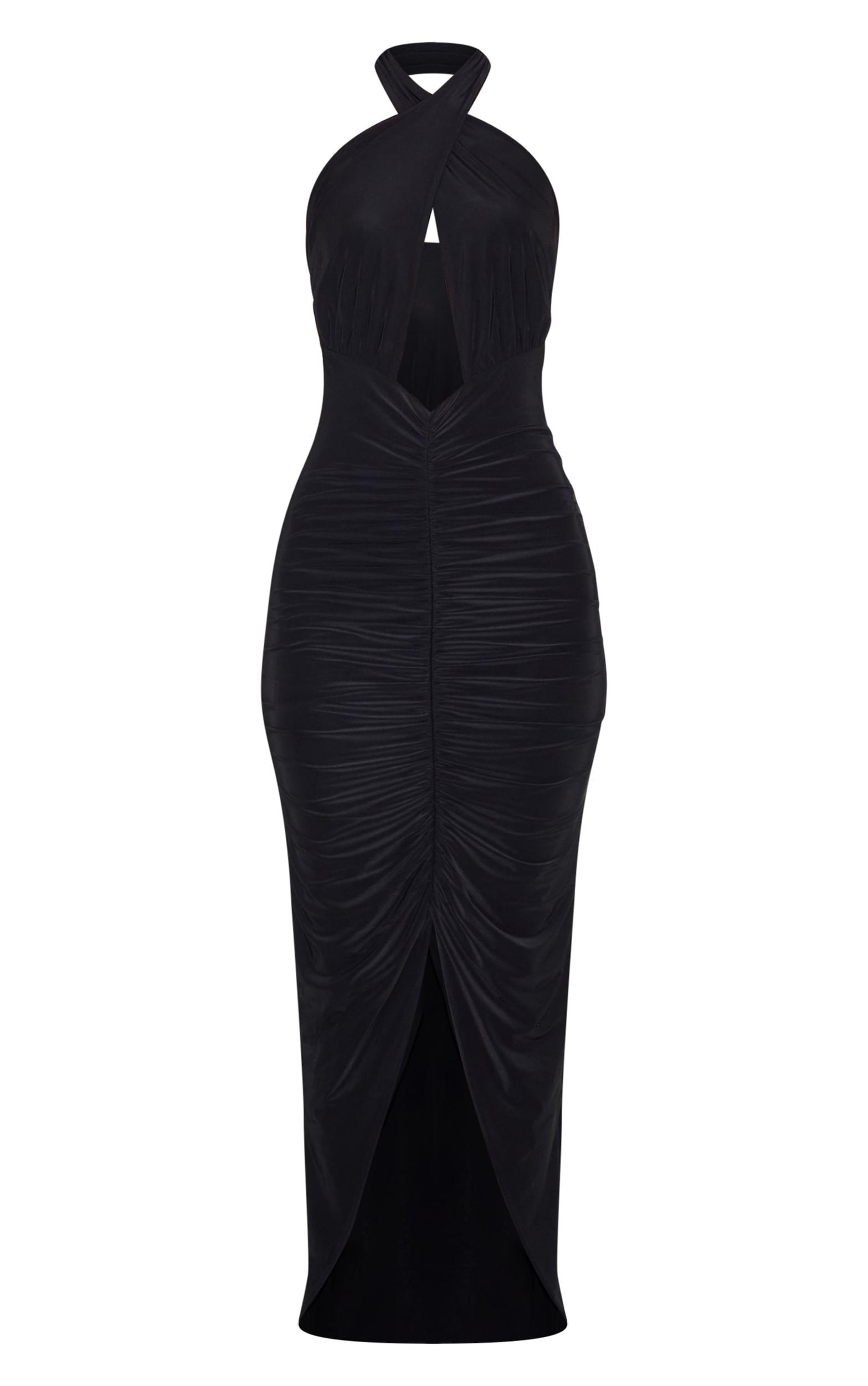  Black Double Layered Cut Out Ruched Maxi Dress Product Image