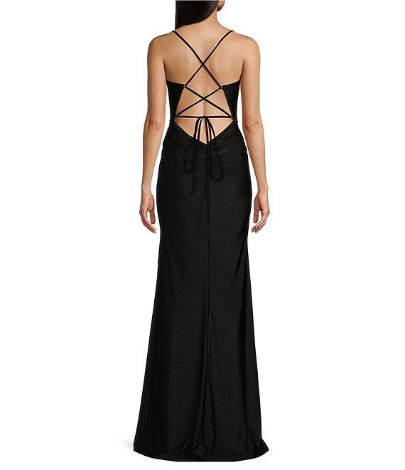 GB Social Jersey Ruched Lace-Up Back Long Dress Product Image