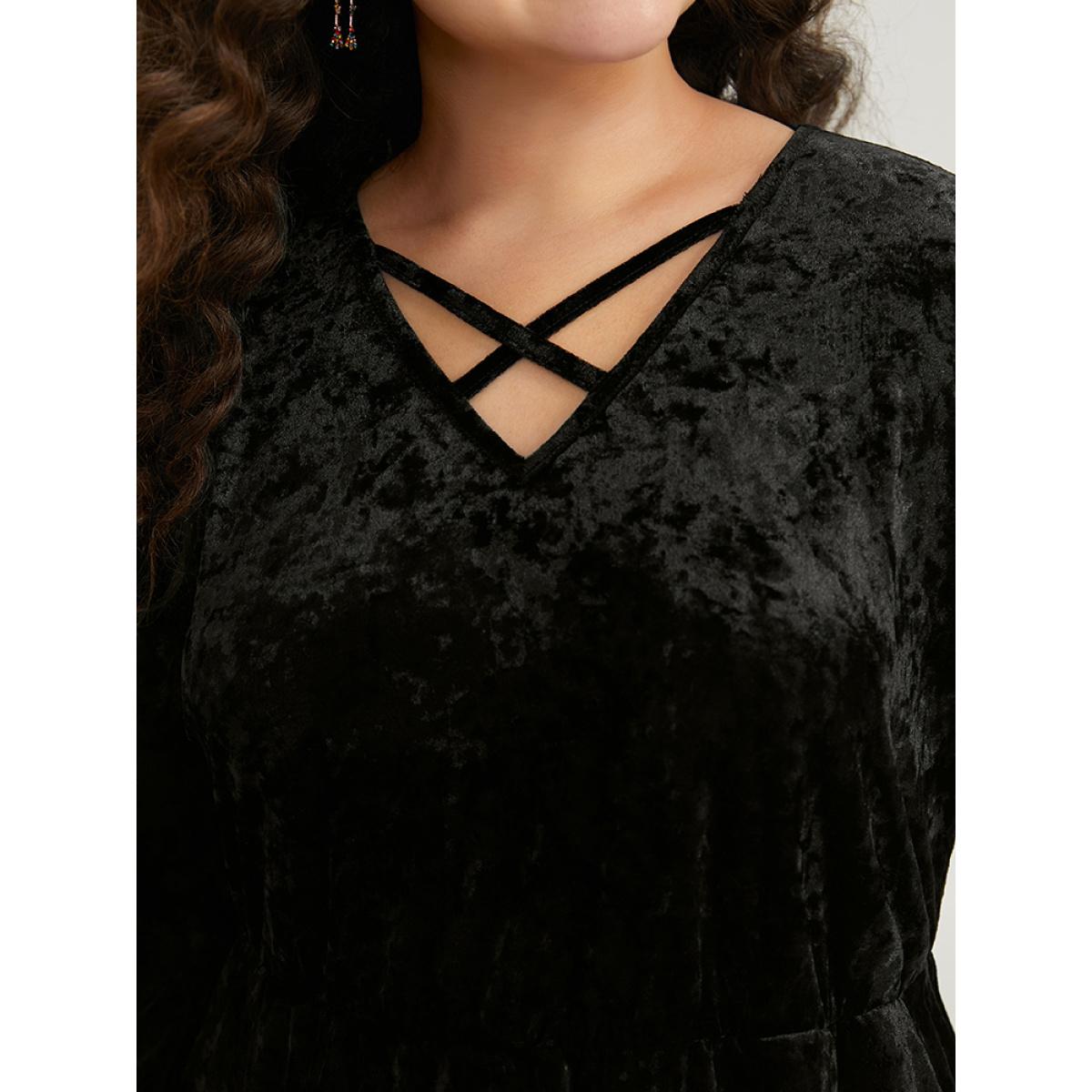 Plus Size Halloween Velvet Contrast Layered Crisscross Neck Dress Black Women Elegant Plain V-neck Long Sleeve Curvy Knee Dress BloomChic 14-16/1X Product Image