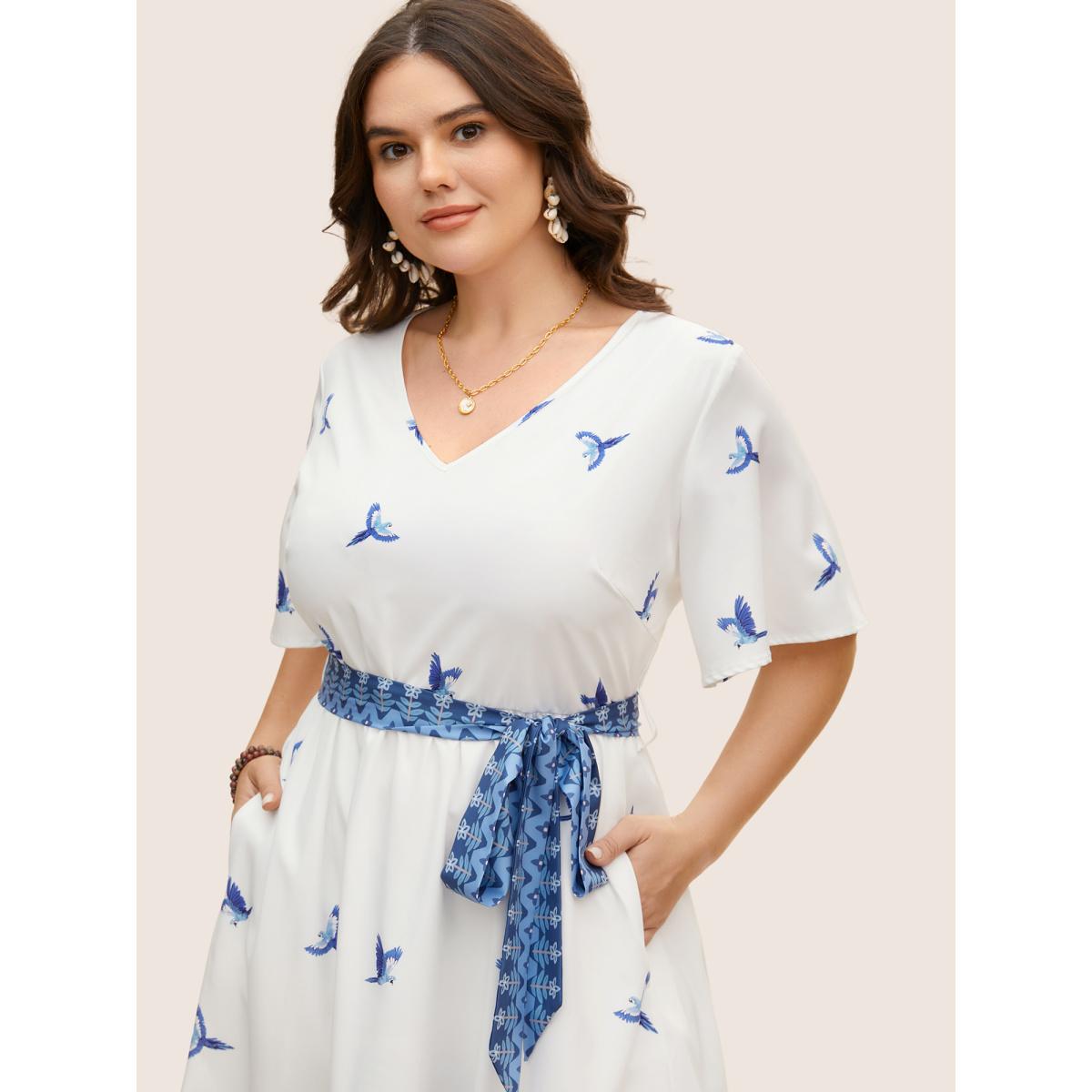 Plus Size V Neck Tropical Print Ruffle Sleeve Maxi Dress Mediumblue Women Resort Tie knot V-neck Short sleeve Curvy BloomChic 10/M Product Image