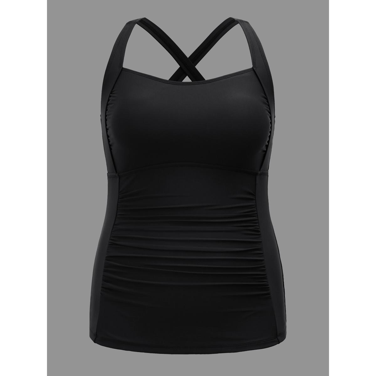 Plus Size Plain Back Crisscross Swim Top Women's Swimwear Black Resort Gathered High stretch Skinny U-neck Curve Swim Tops BloomChic 22-24/3X Product Image