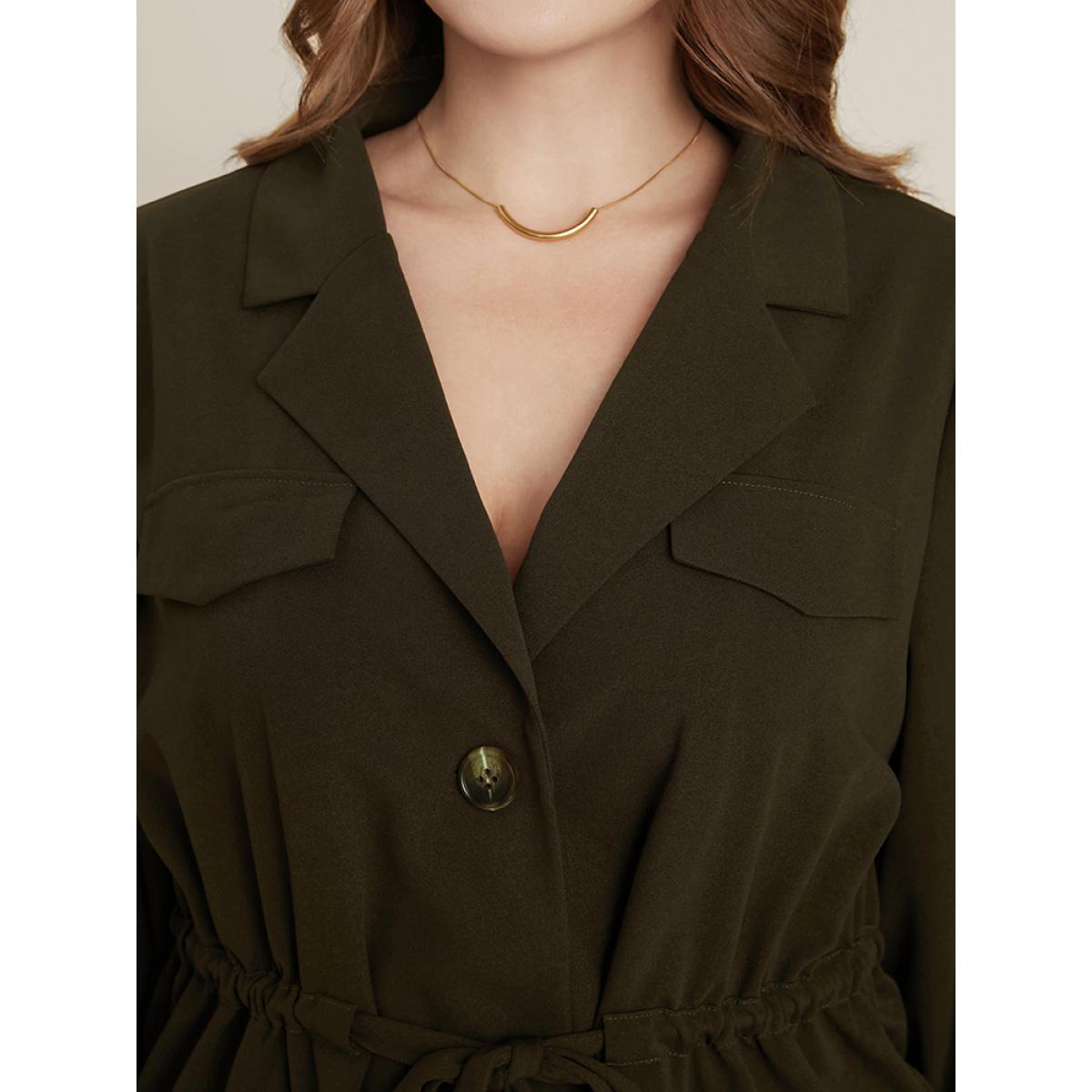 Plus Size ArmyGreen Solid Suit Collar Lantern Sleeve Button Up Drawstring Blouse Women Office Long Sleeve Suit Collar Office Blouses BloomChic 30/6X Product Image