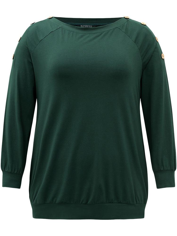 Cotton Plain Button Detail Raglan Sleeve T-shirt Female Product Image