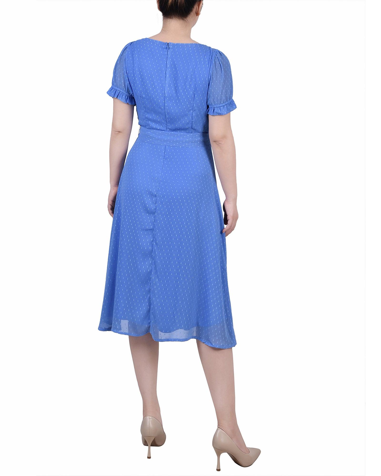 Granada Sky Short Sleeve Belted Swiss Dot Dress - Petite Product Image