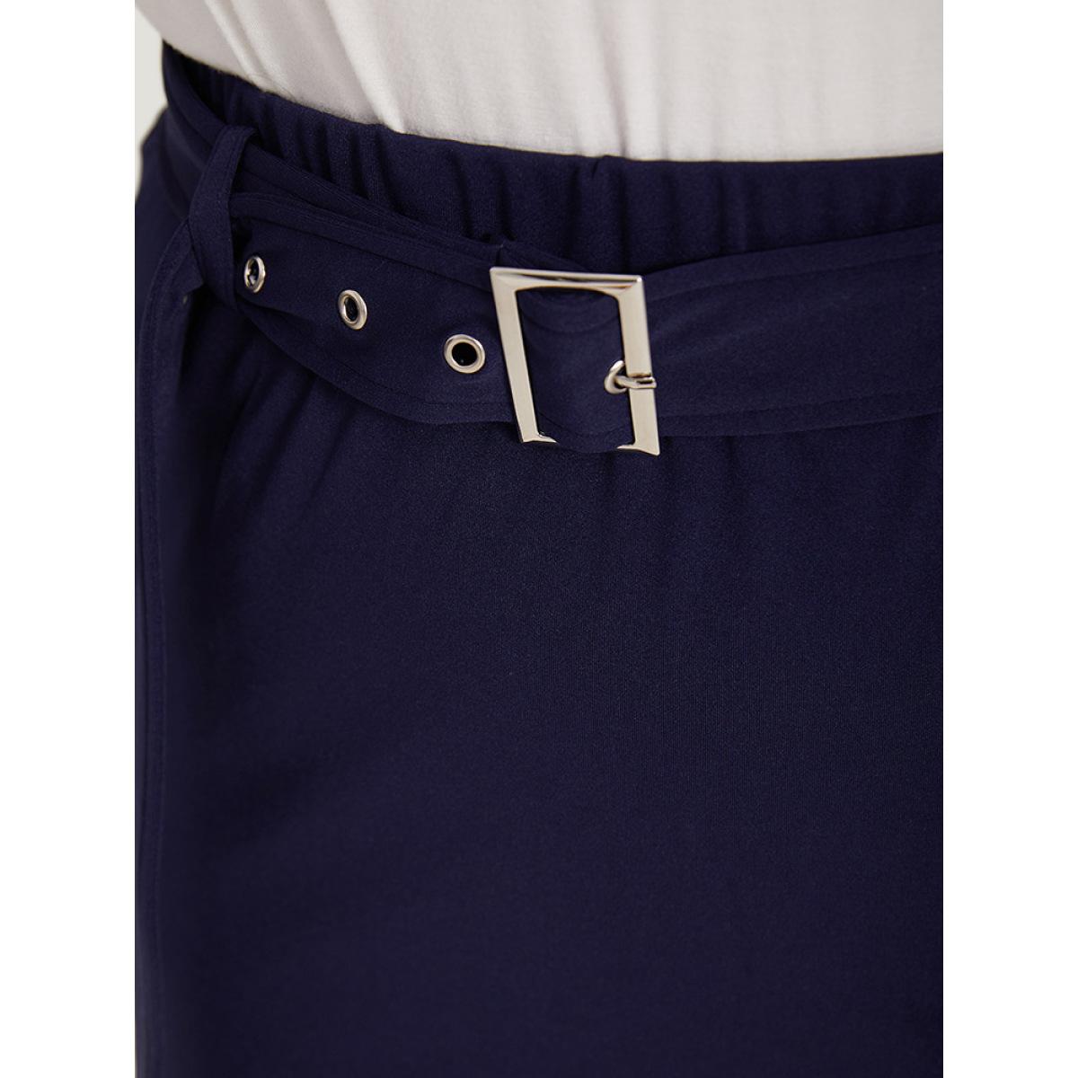 Plus Size Plain Belted Split Hem Skinny Skirt Women Blue Office Belted Bodycon No stretch Belt Office Skirts BloomChic 10/M Product Image
