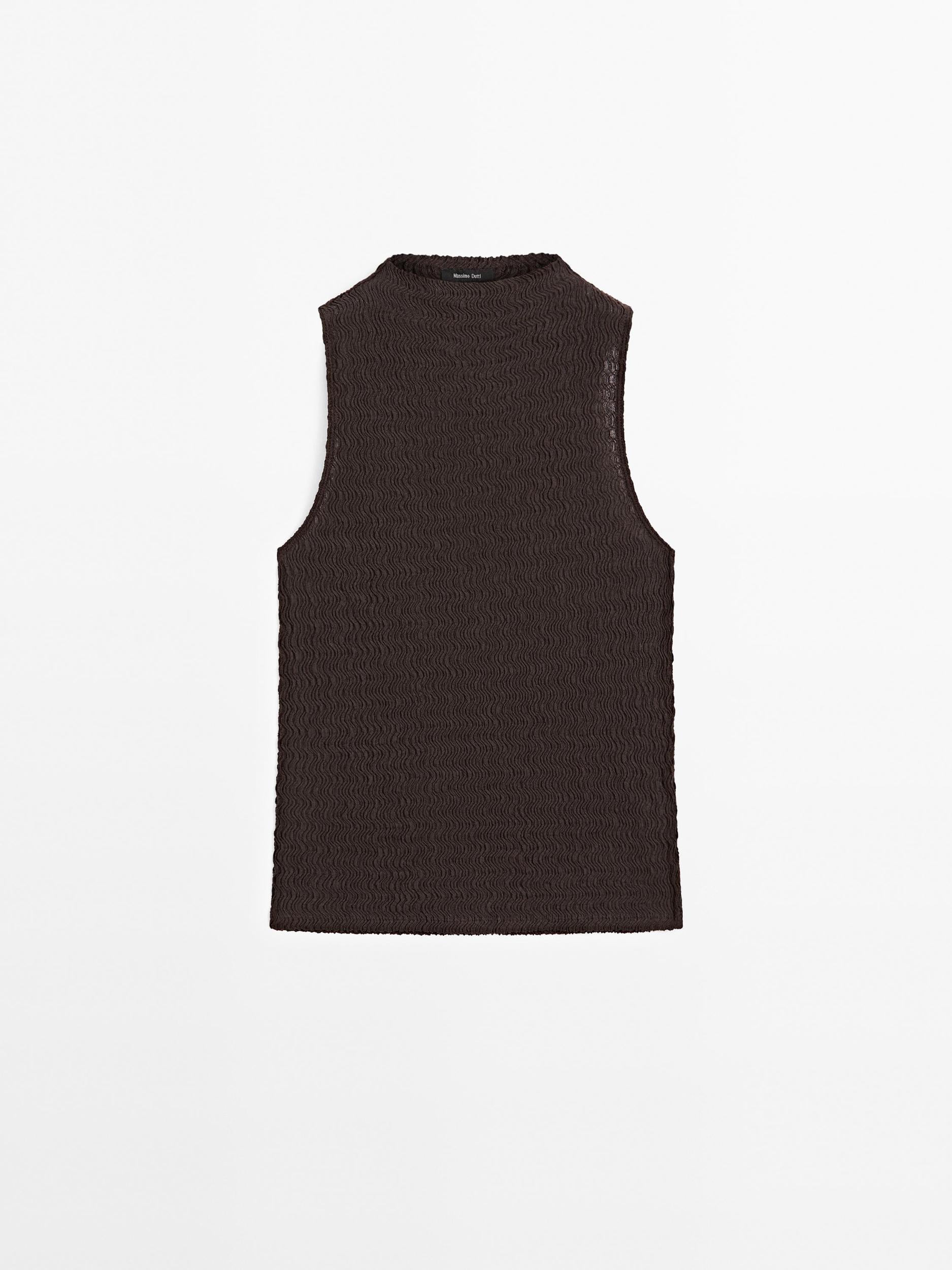 Chocolate linear waffle-knit funnel neck top Product Image