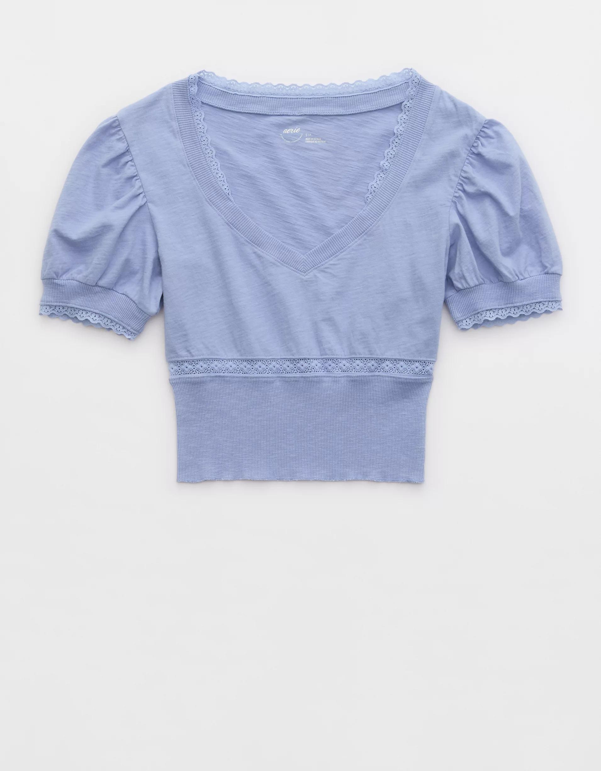 Aerie Cropped Lace Trim V-Neck T-Shirt Product Image