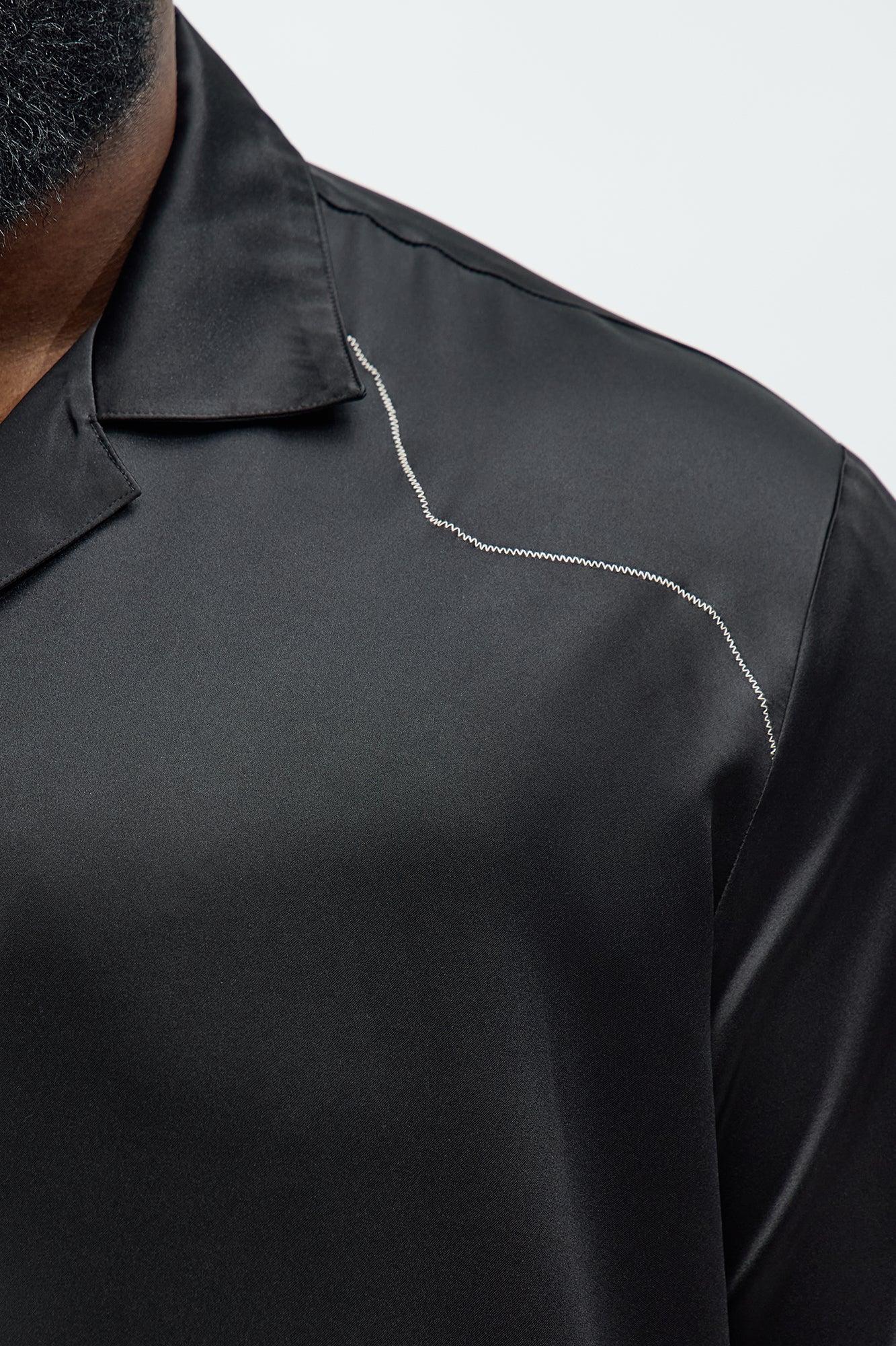 Cropped Contrast Binding Button Up Shirt - Black Product Image