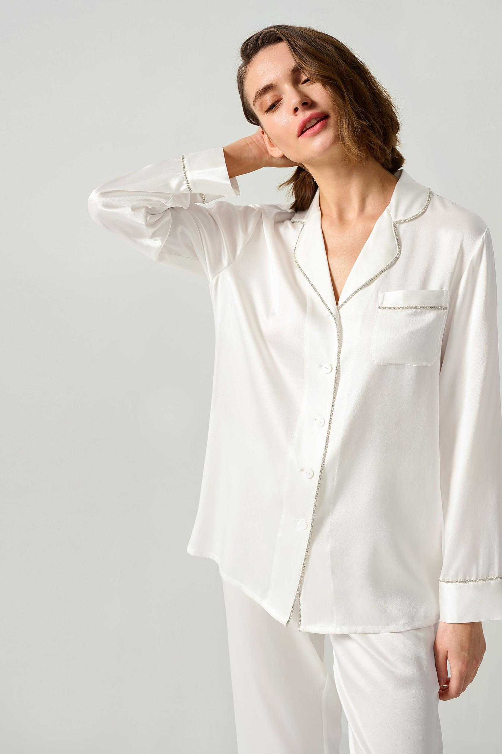 Rhinestone Trimmed Silk Women Pajamas Set Product Image