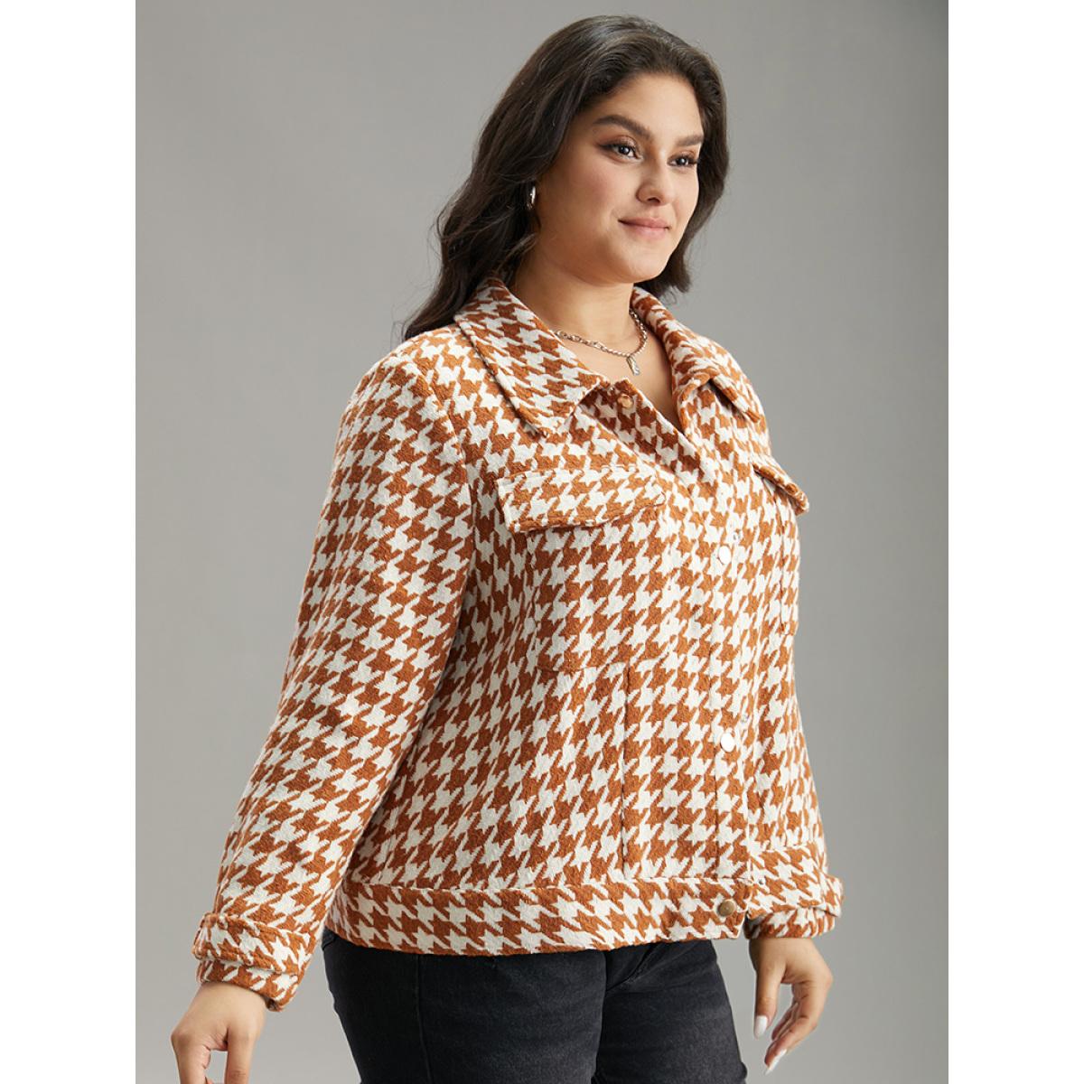 Plus Size Houndstooth Lapel Collar Flap Detail Coat Women Chocolate Casual Contrast Ladies Dailywear Winter Coats BloomChic 26/4X Product Image